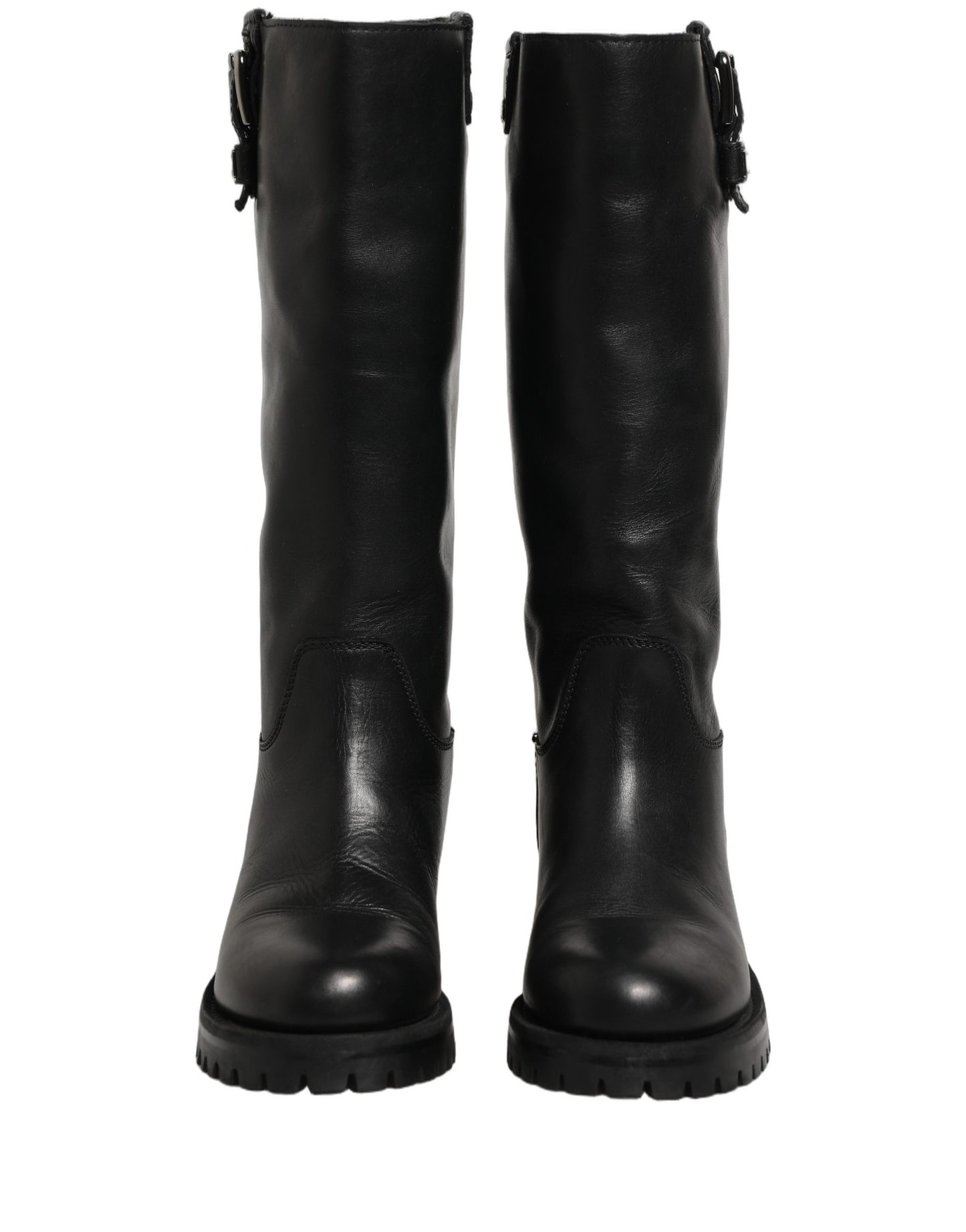 Black Leather Buckle Detail Mid Calf Boots Shoes