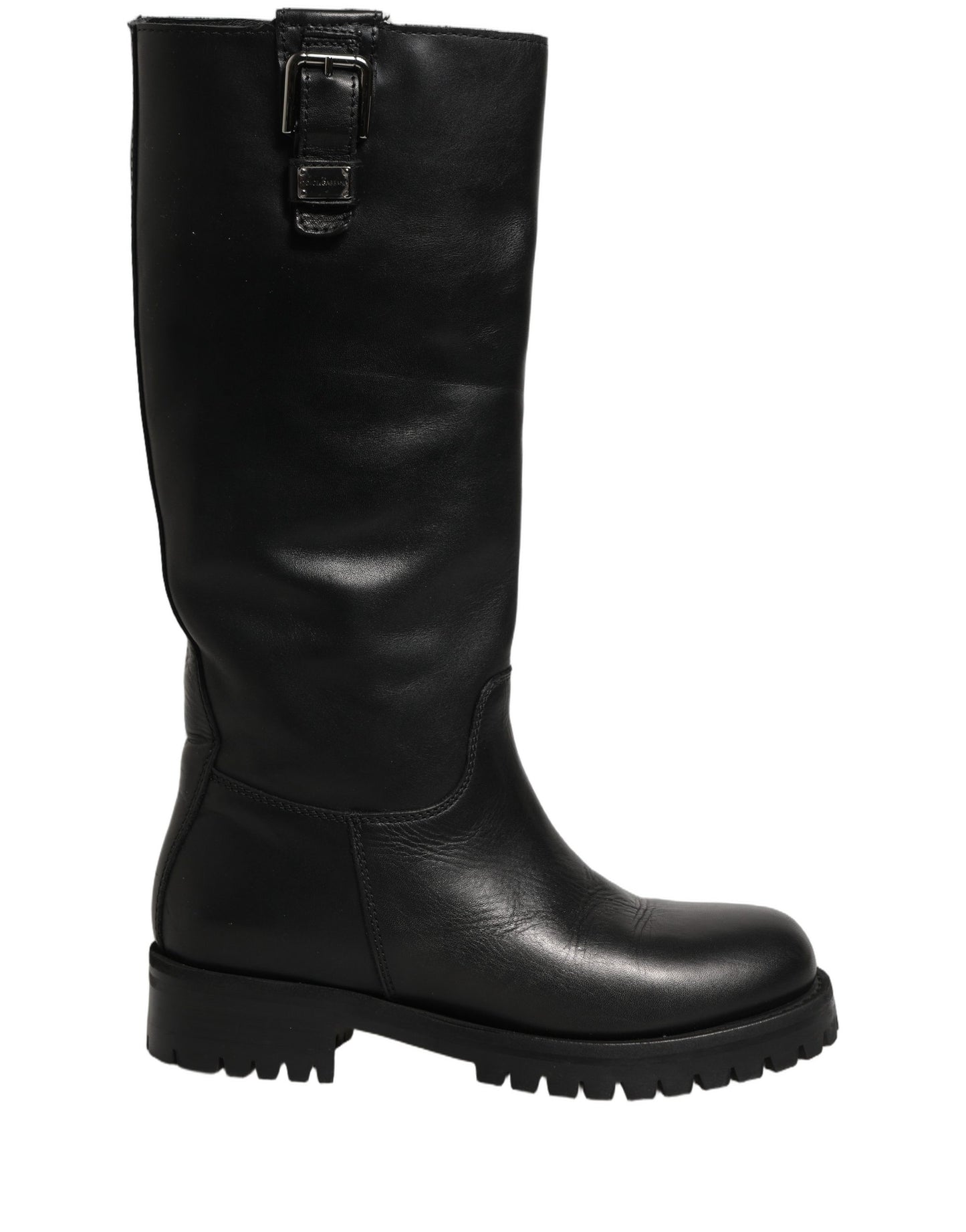Black Leather Buckle Detail Mid Calf Boots Shoes