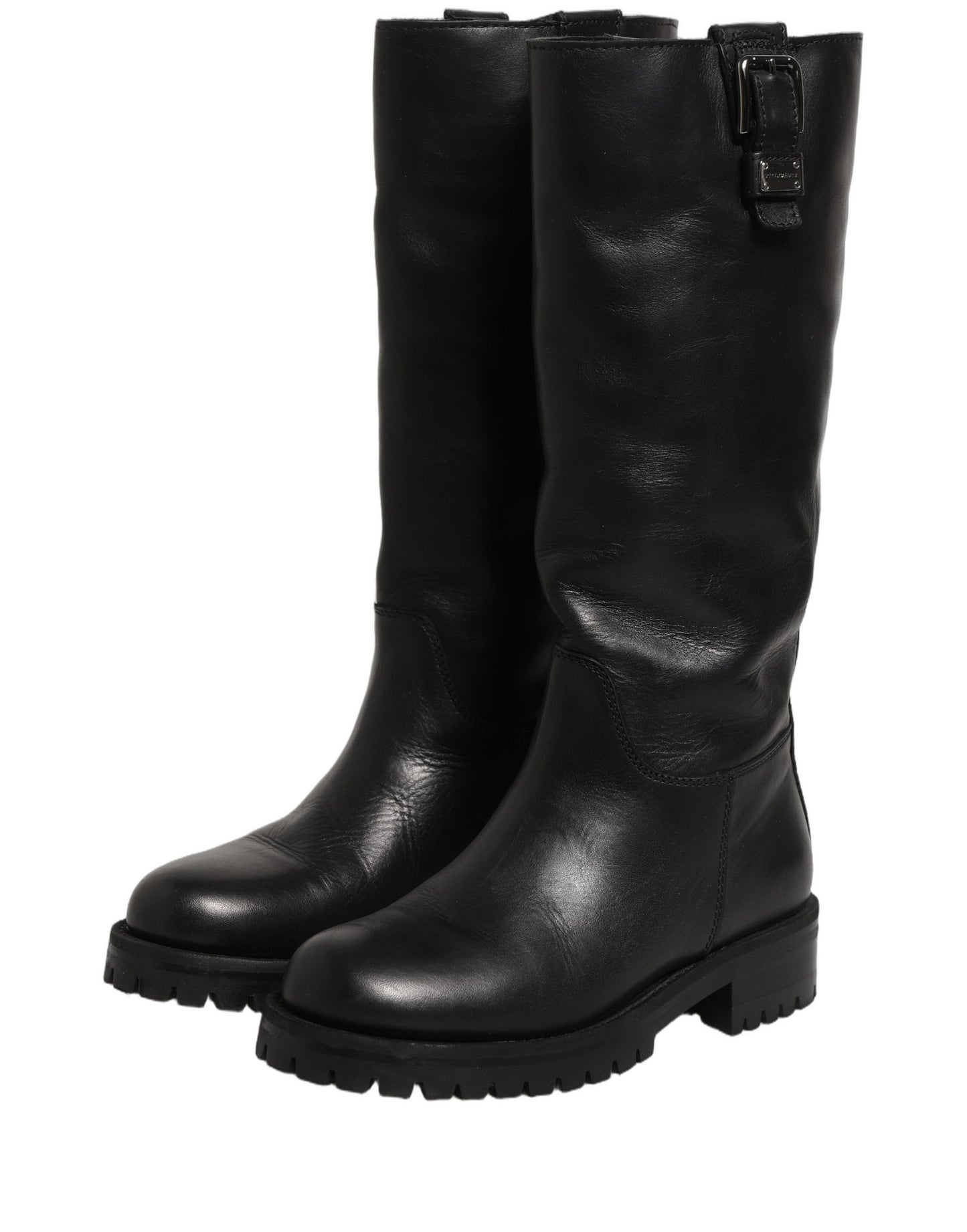 Black Leather Buckle Detail Mid Calf Boots Shoes