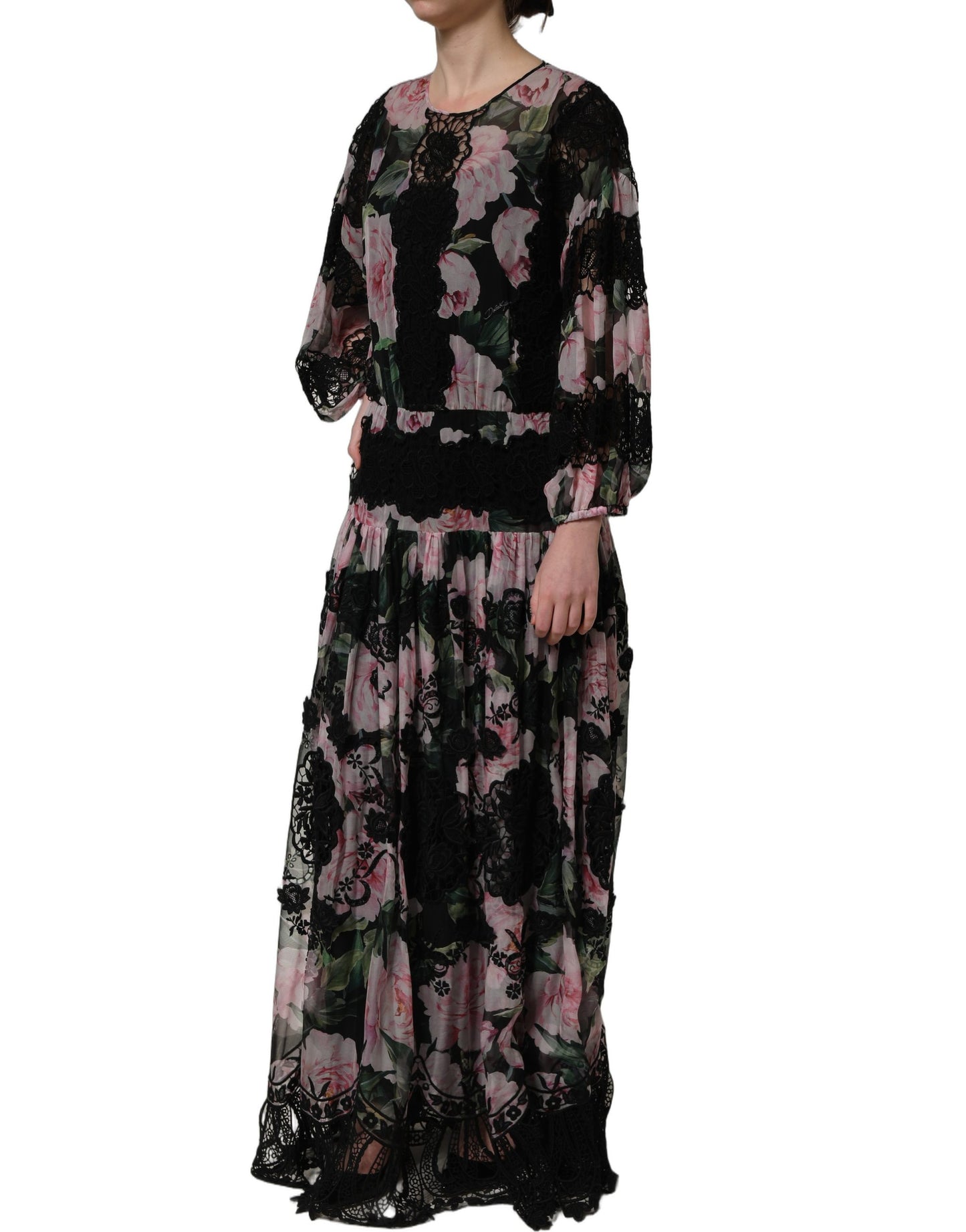 Black Floral Print Cotton Lace Maxi Dress
