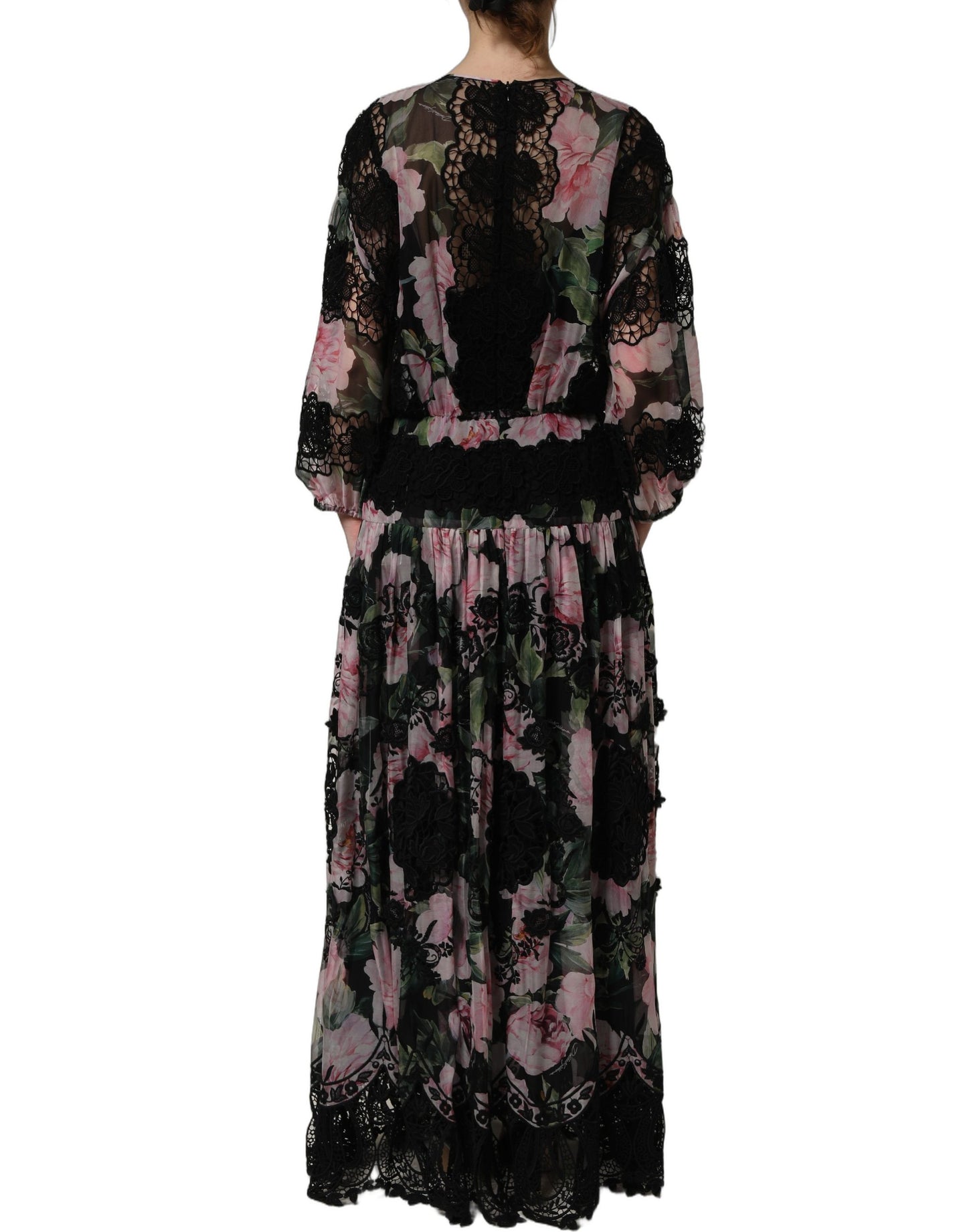 Black Floral Print Cotton Lace Maxi Dress