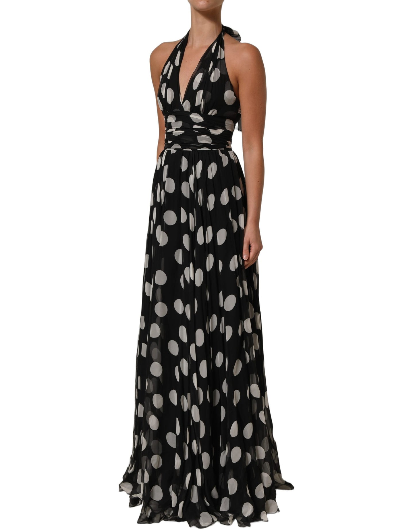 Black White Polka Dot Pleated Maxi Dress