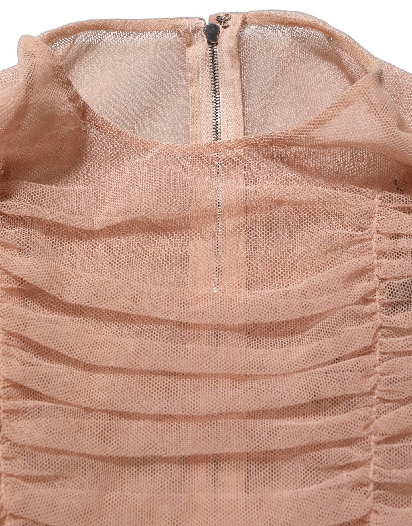 Beige Cotton Mesh Ruched Sheath Midi Dress