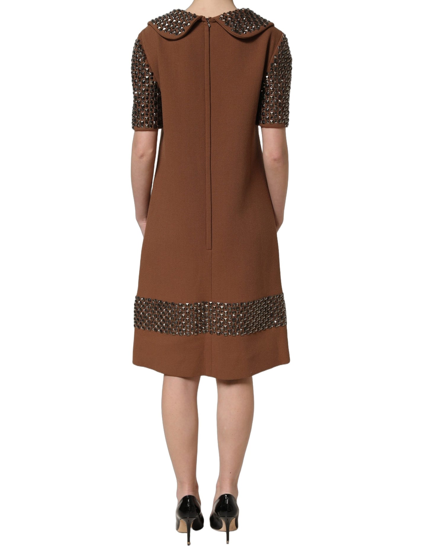 Brown Wool Rhinestone Embellished Midi Dress
