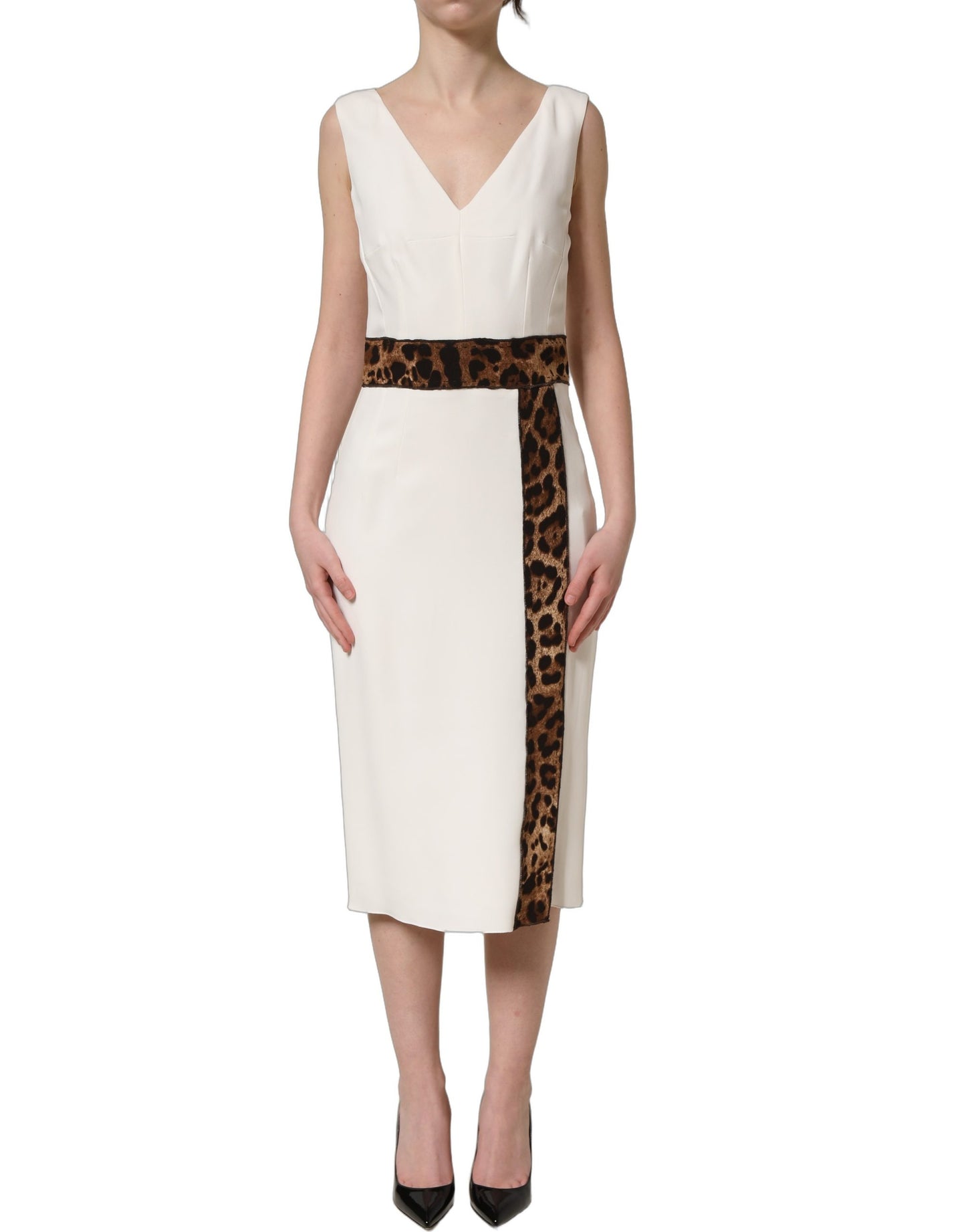 White Leopard Sleeveless Sheath Midi Dress
