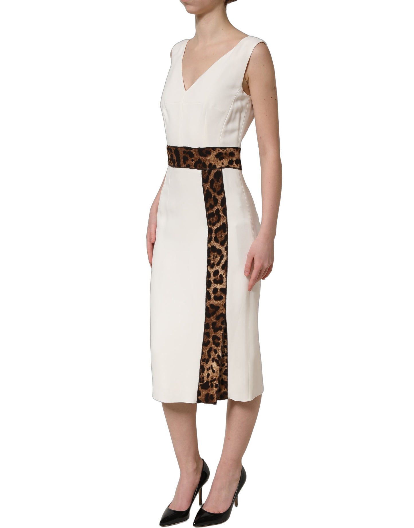 White Leopard Sleeveless Sheath Midi Dress