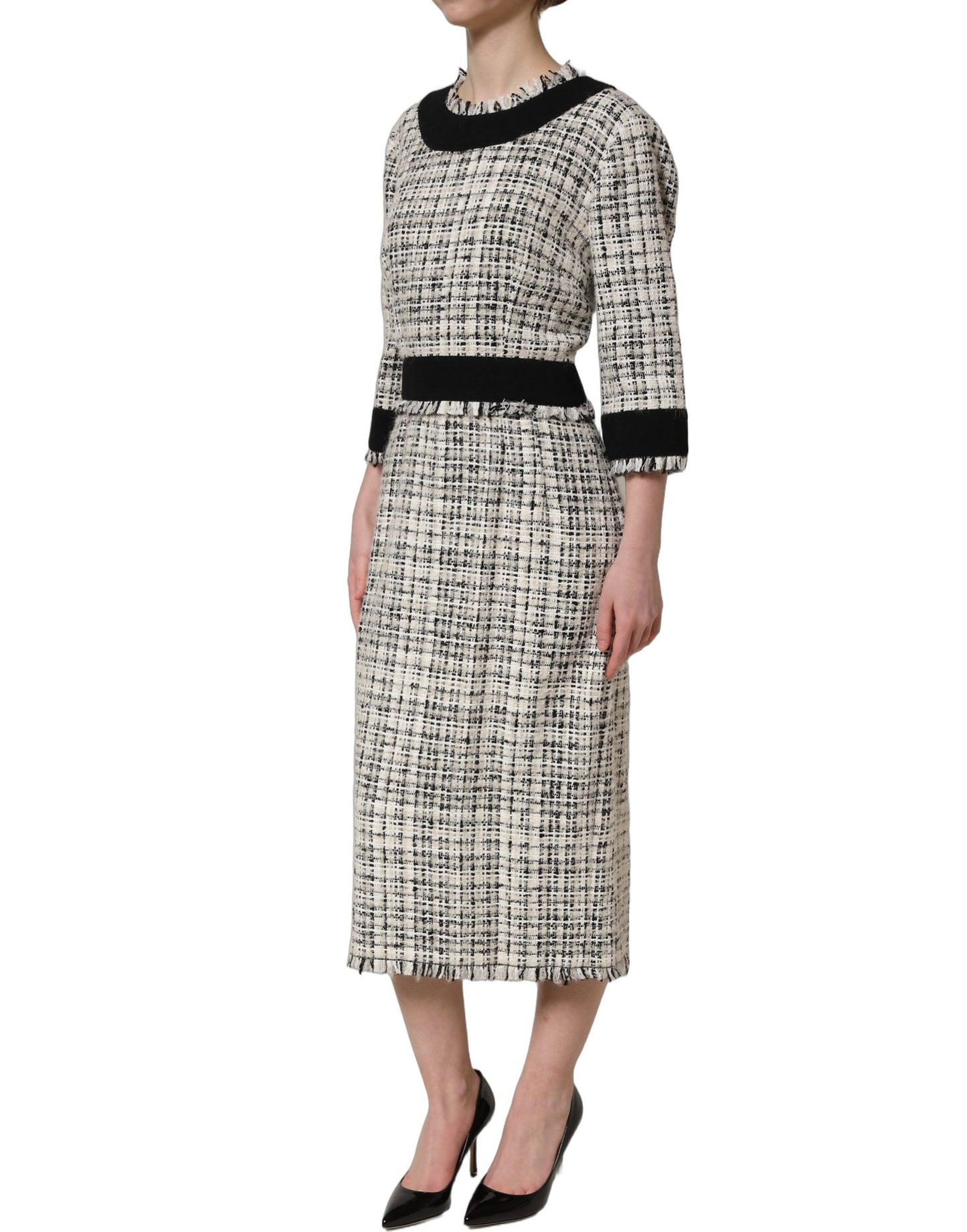 Multicolor Bouclé Tweed Frayed Trim Midi Dress