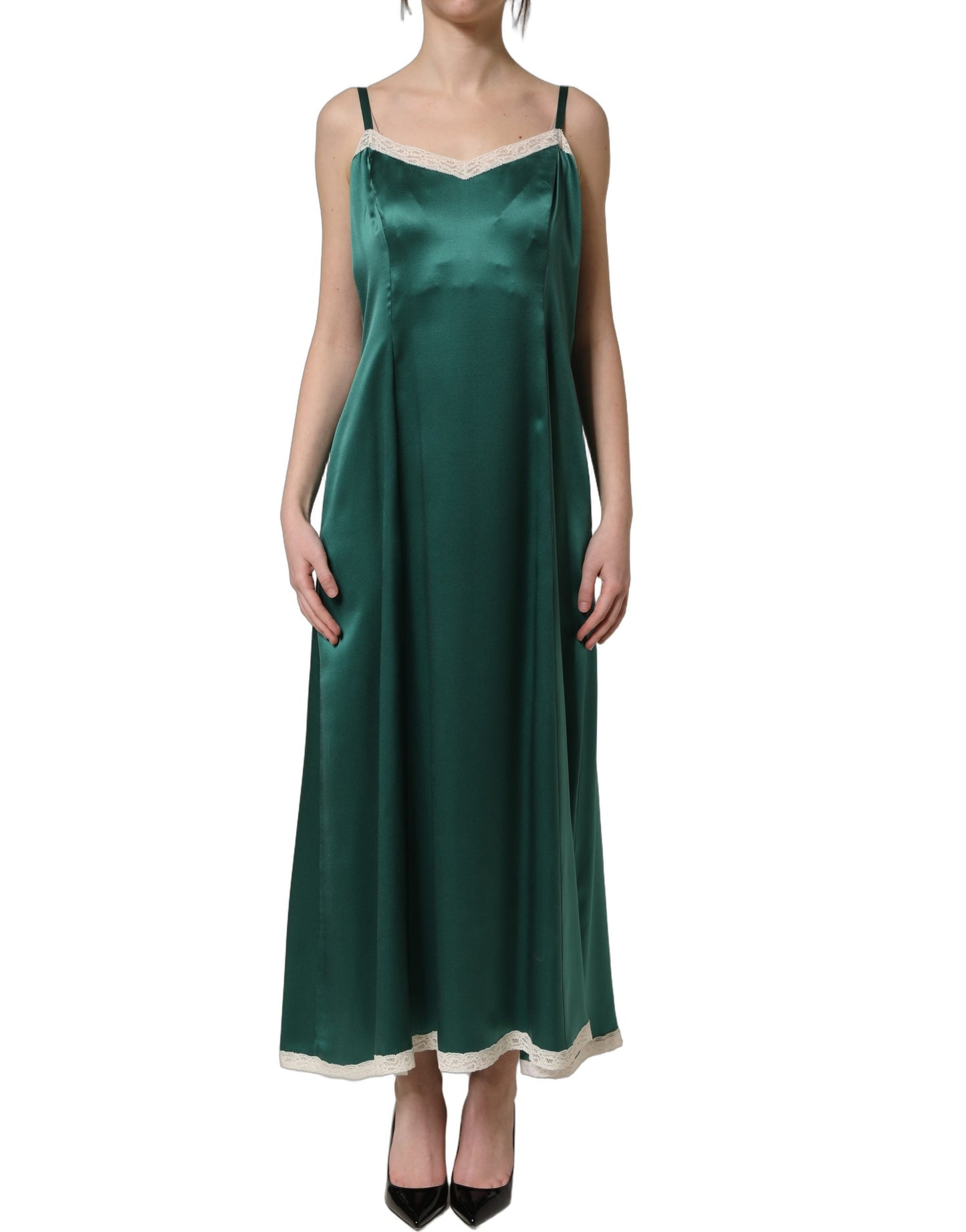 Green Satin Lace Trim Sleeveless Maxi Dress