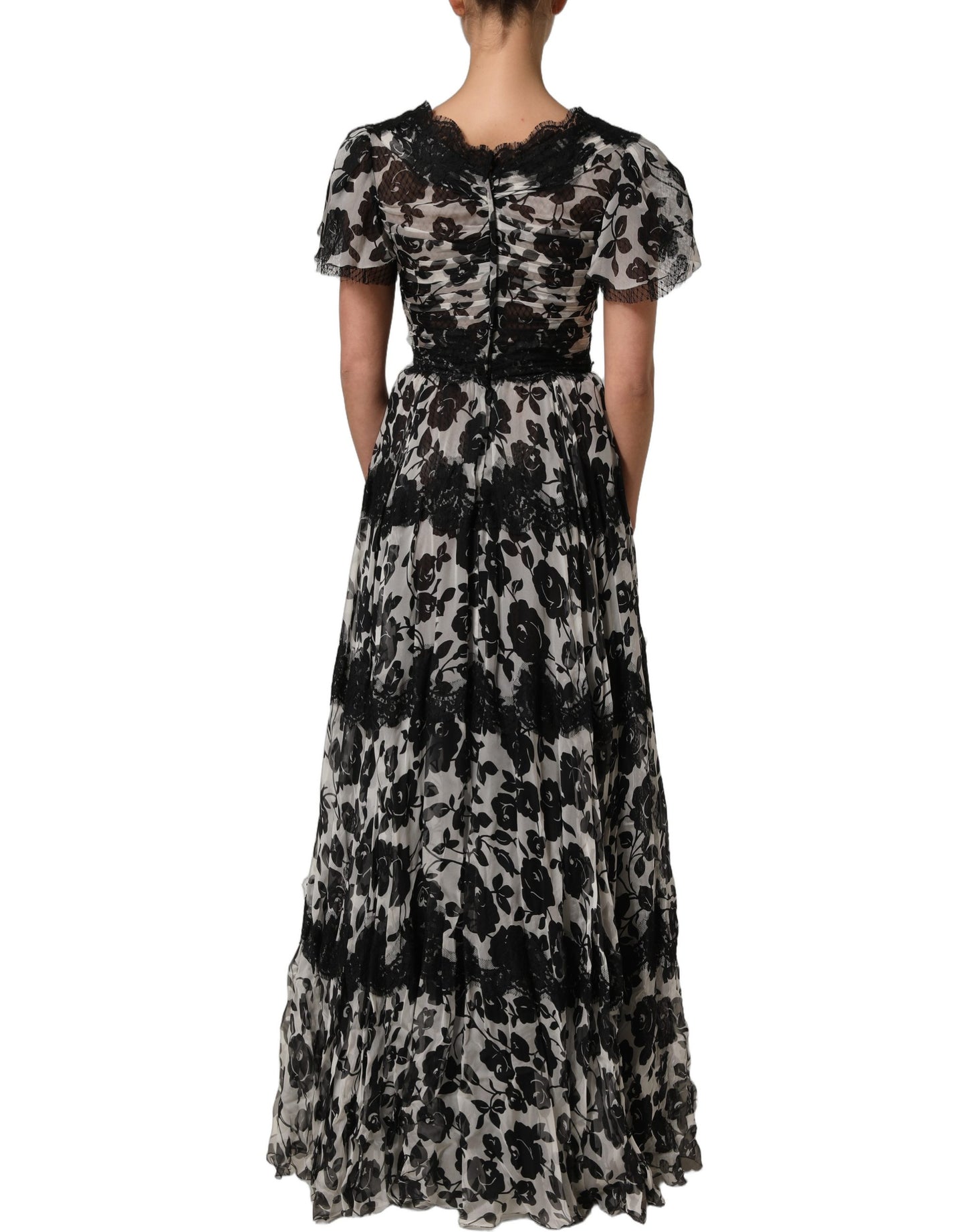 Black Silk Floral Lace Ricamo Ball Maxi Dress