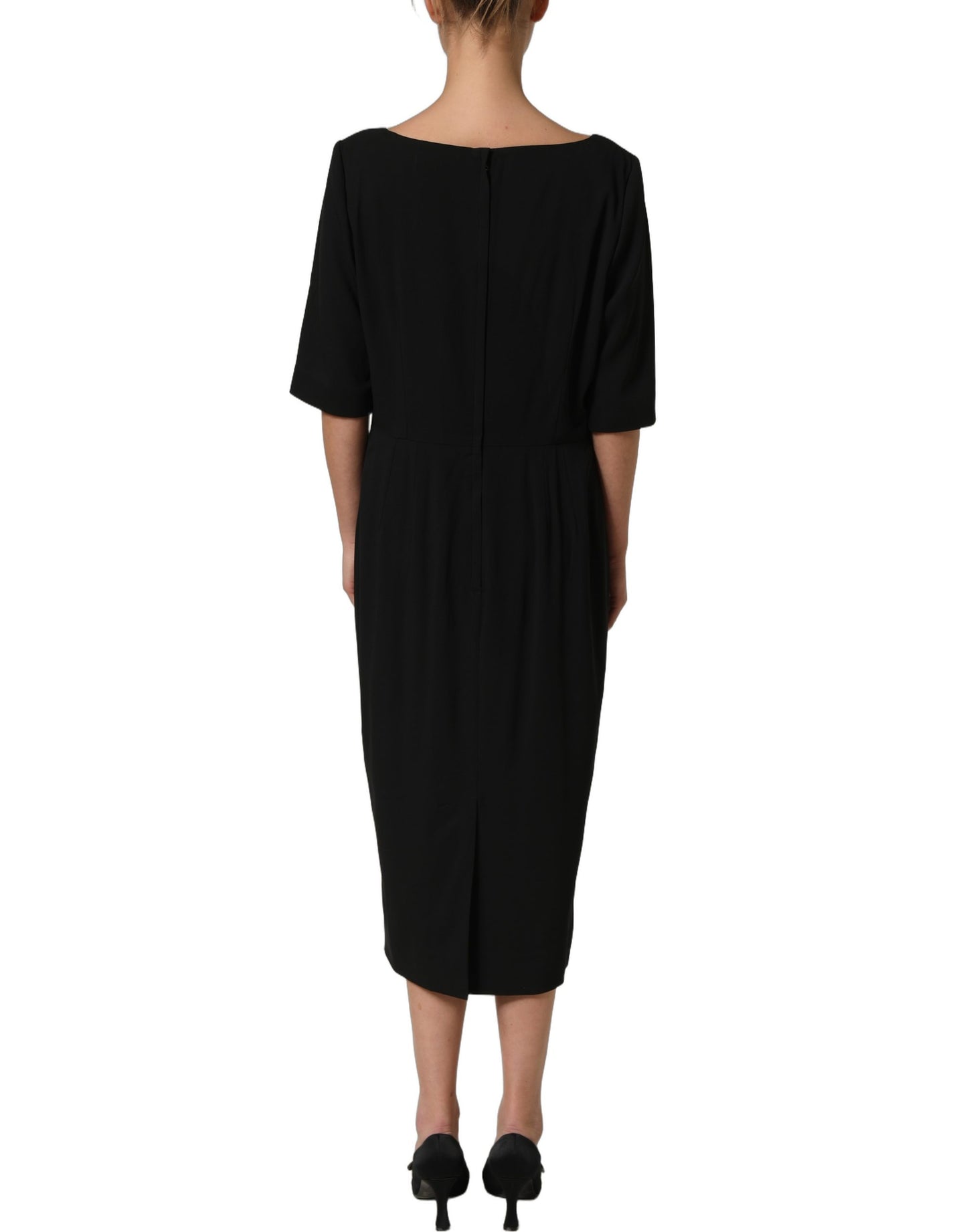 Black Viscose Cropped Sleeves Midi Dress