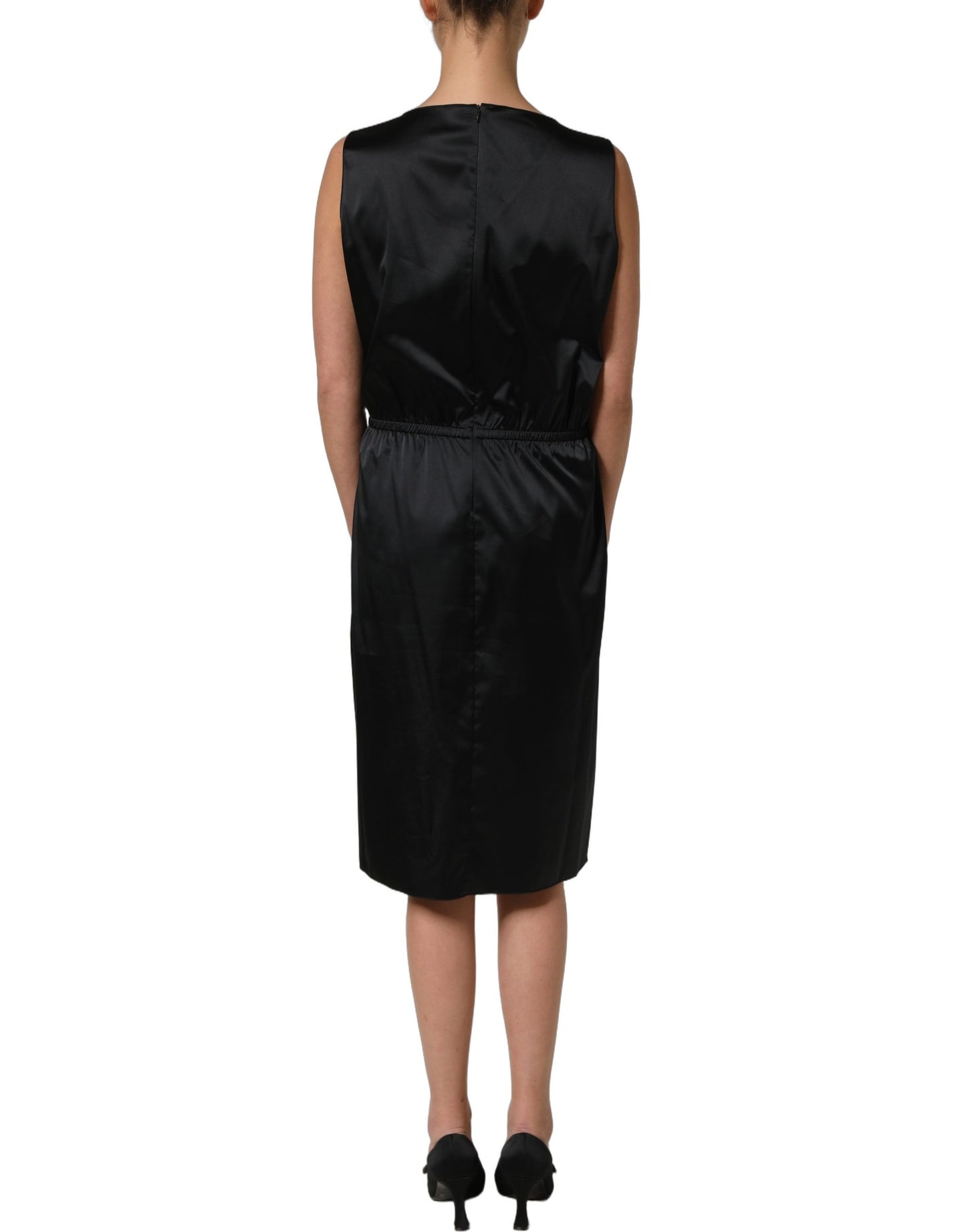 Black Polyester LaceTrim Sheath Midi Dress