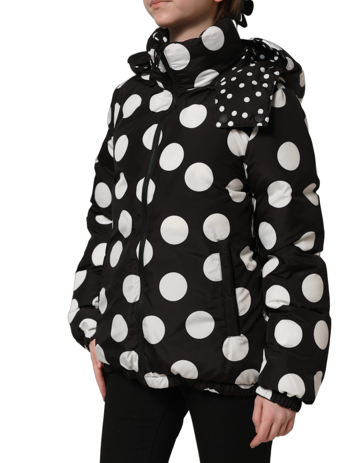 Black White Polka Dot Hooded Blouson Jacket
