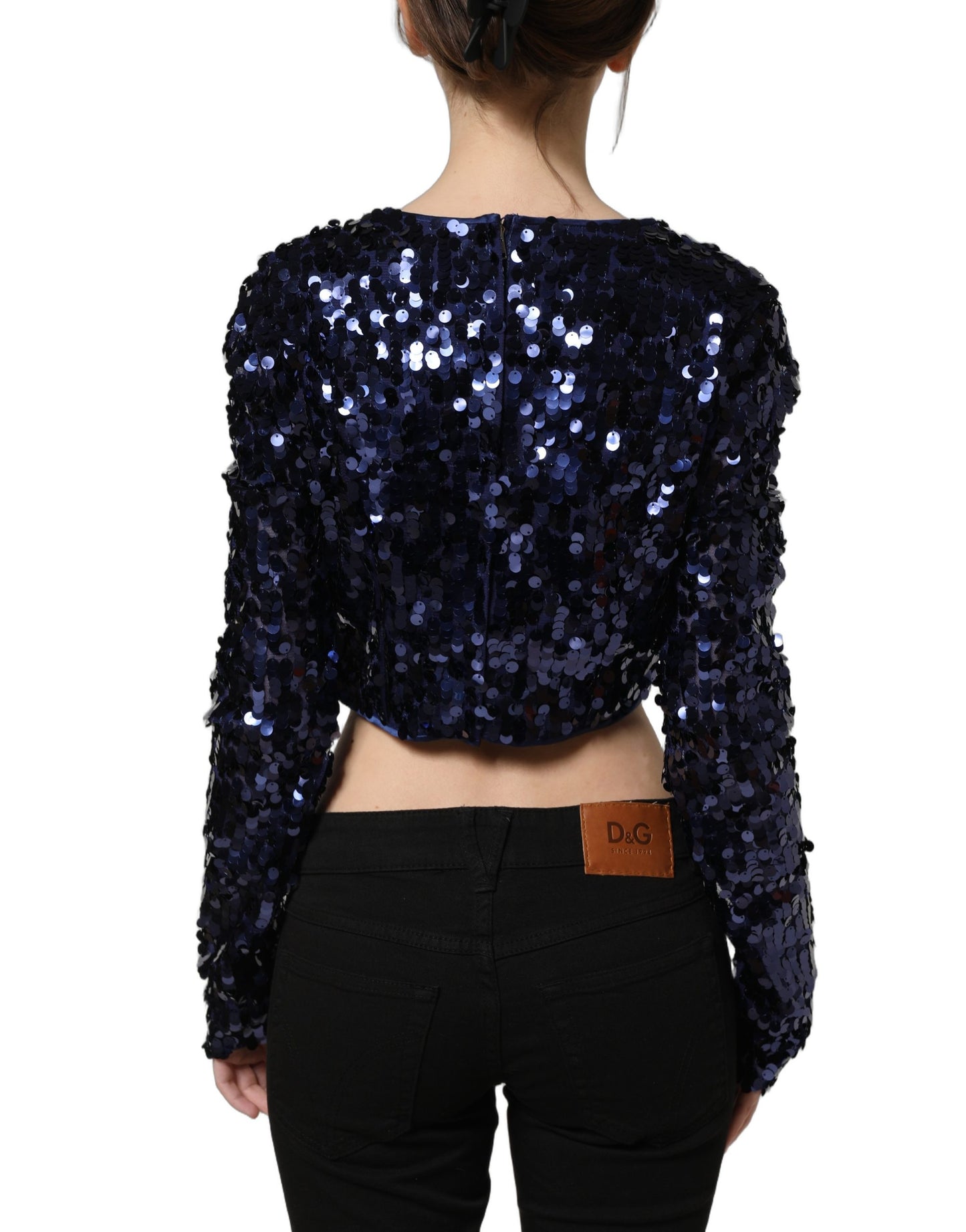 Blue Sequined Long Sleeves Crop Blouse Top