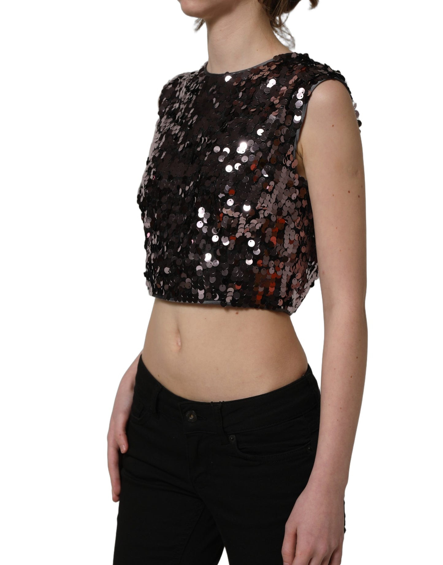 Purple Sequined Sleeveless Cropped Tank Top