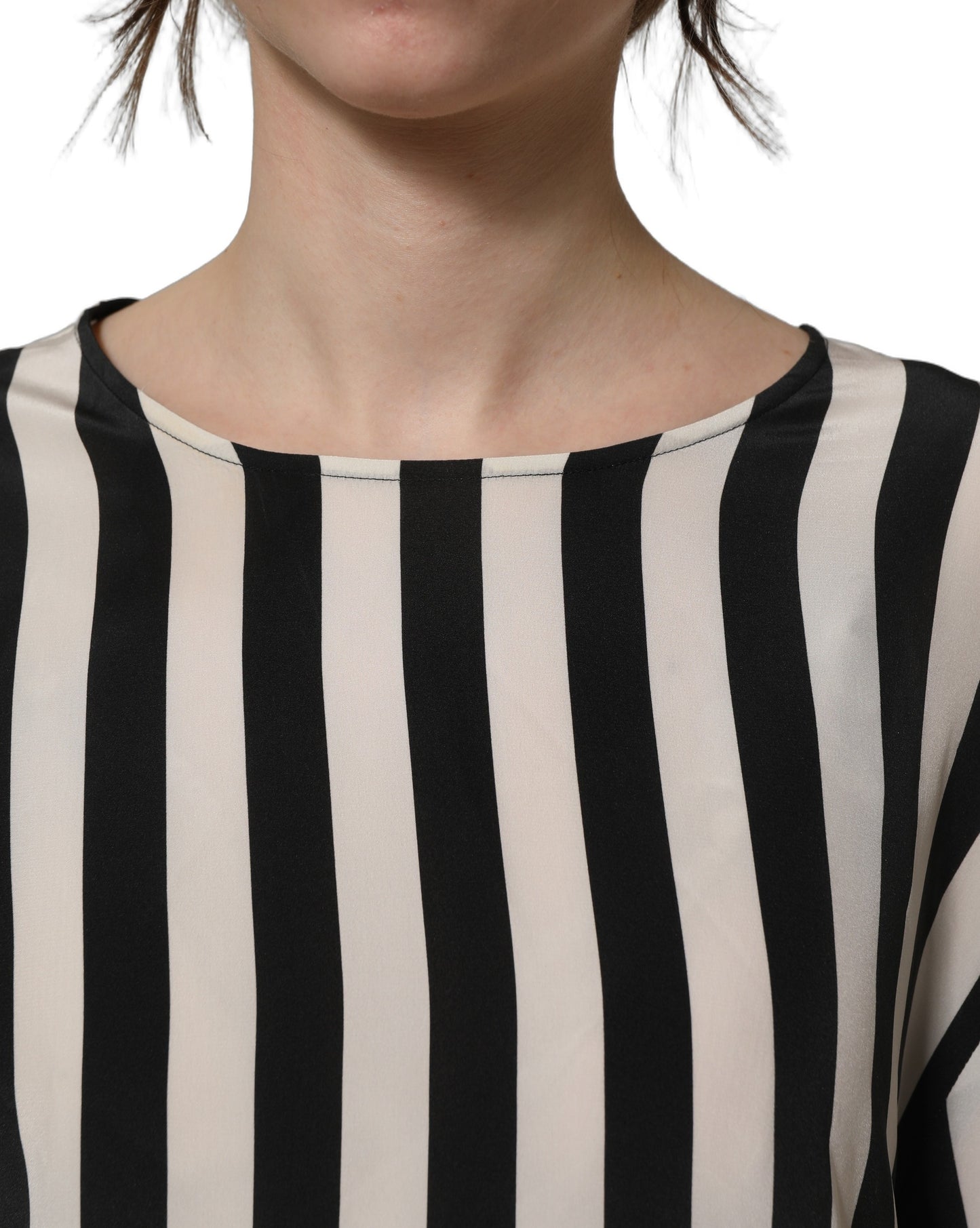 Black White Stripes Round Neck Blouse Top