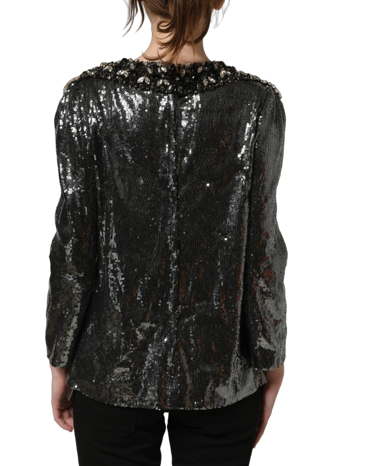 Metallic Gray Sequin Embellished Blouse Top