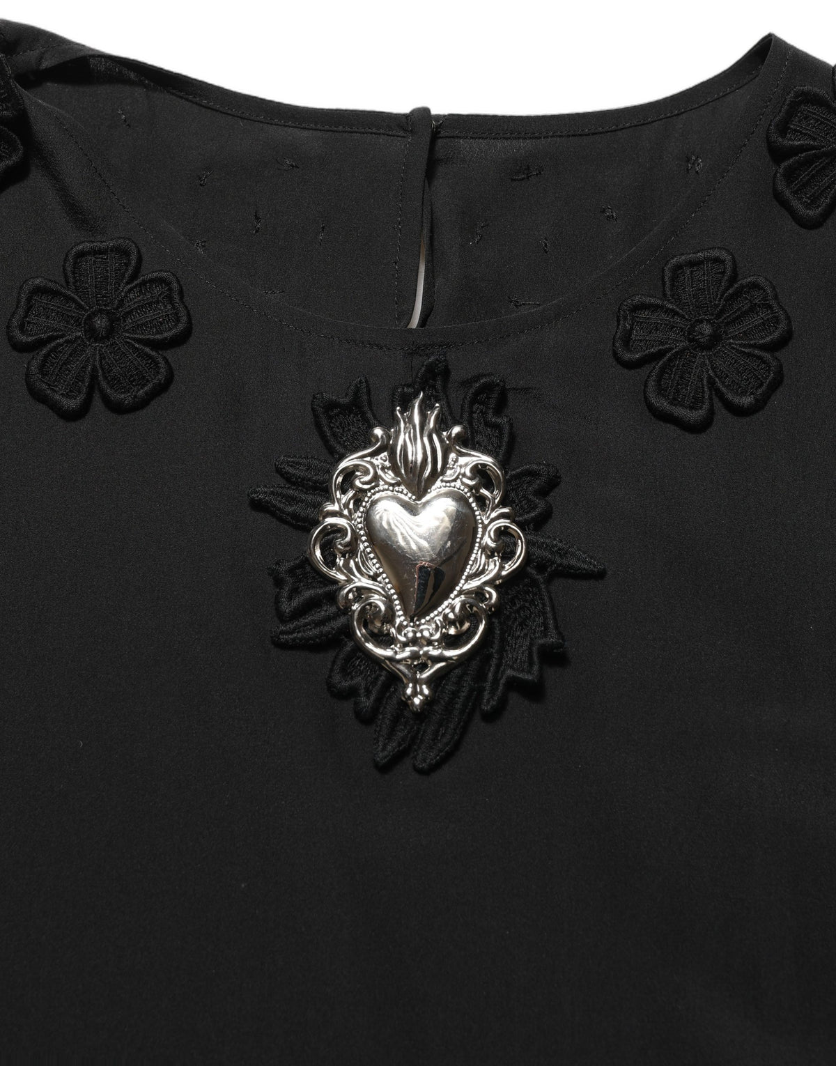Black Floral Silk Heart Appliqué Blouse Top