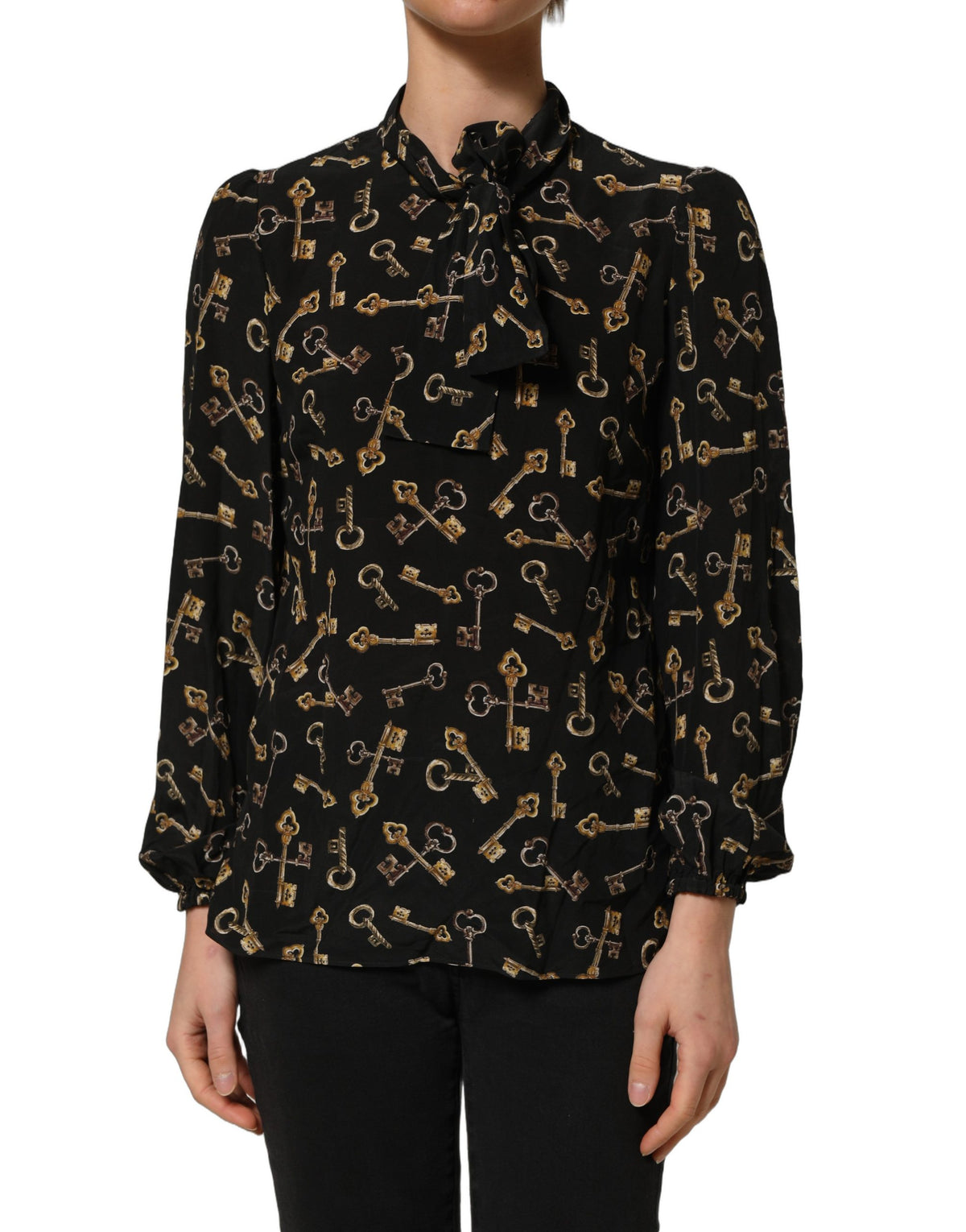 Black Keys Print Silk Tie Neck Blouse Top
