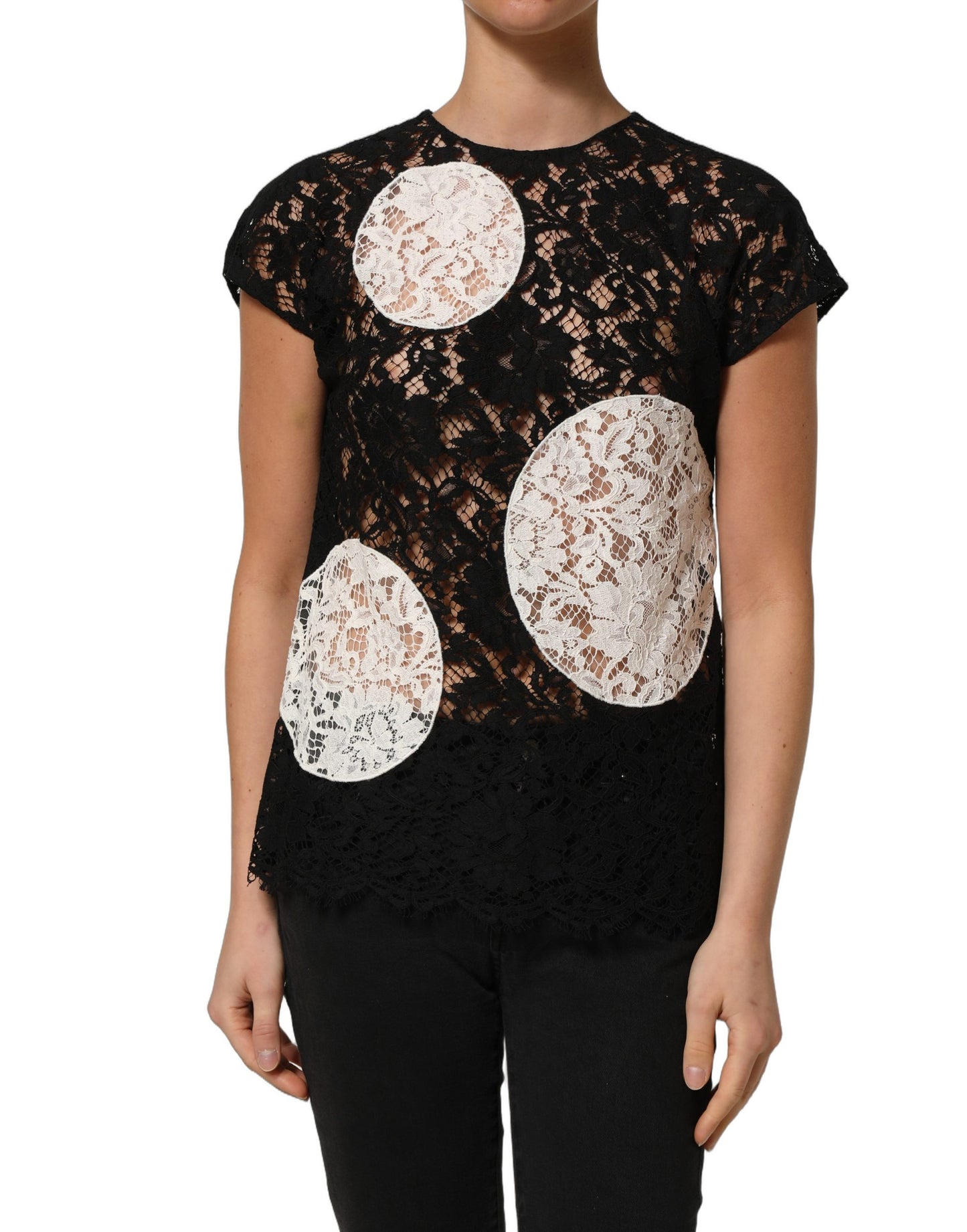Black White Floral Lace Short Sleeve Blouse Top