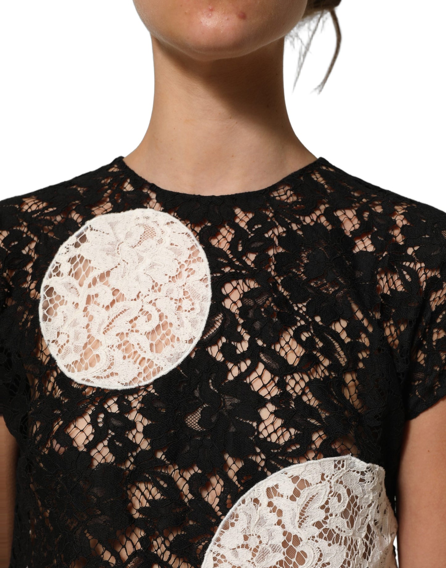 Black White Floral Lace Short Sleeve Blouse Top