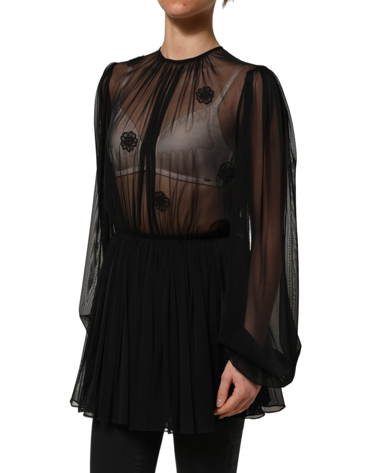 Black Polyester Mesh Sheer Crewneck Blouse Top