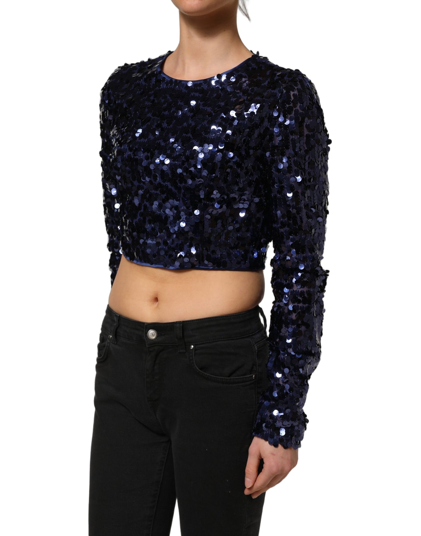 Blue Sequined Long Sleeves Crop Blouse Top