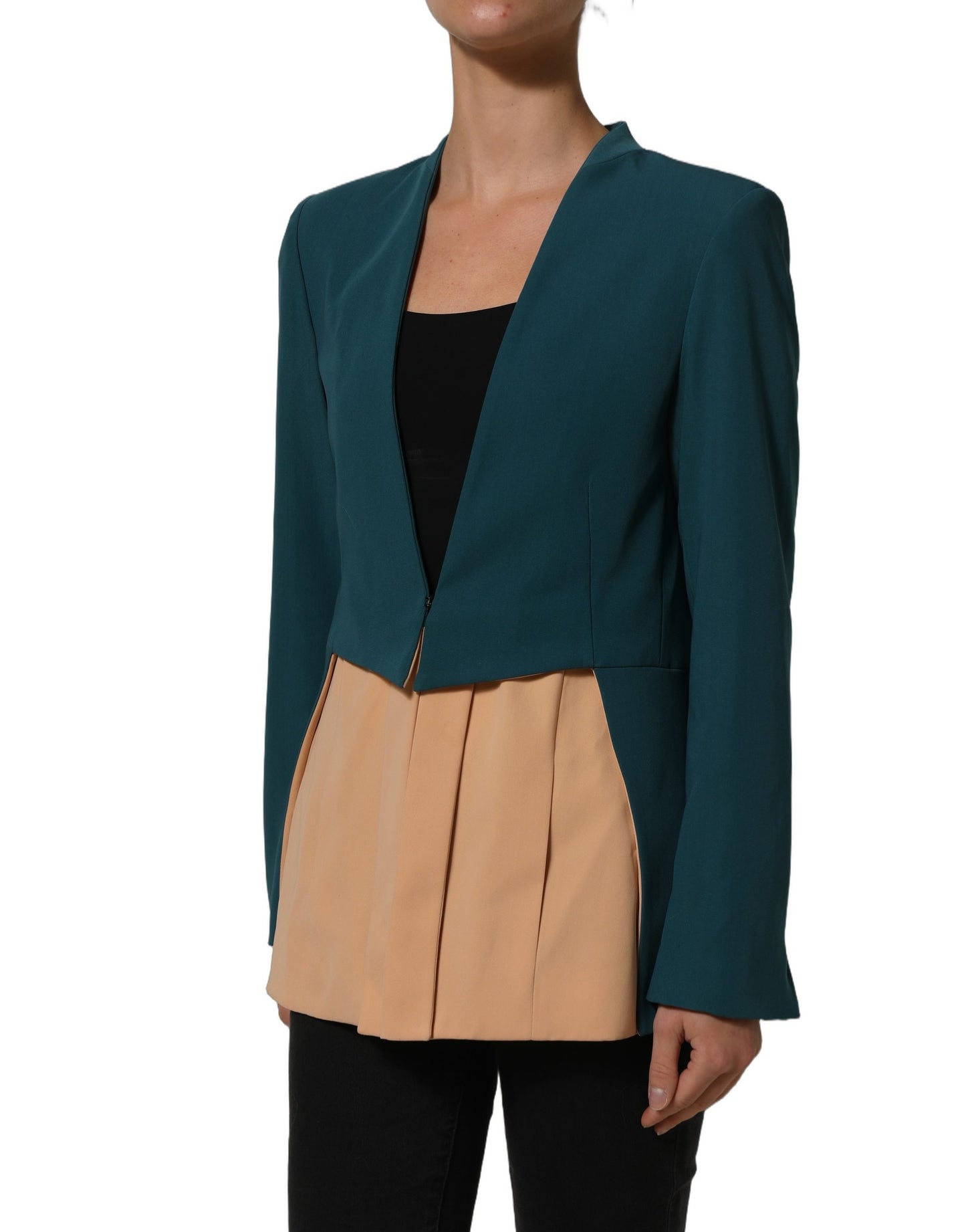 Dark Green Beige Polyester Overcoat Women Blazer Jacket
