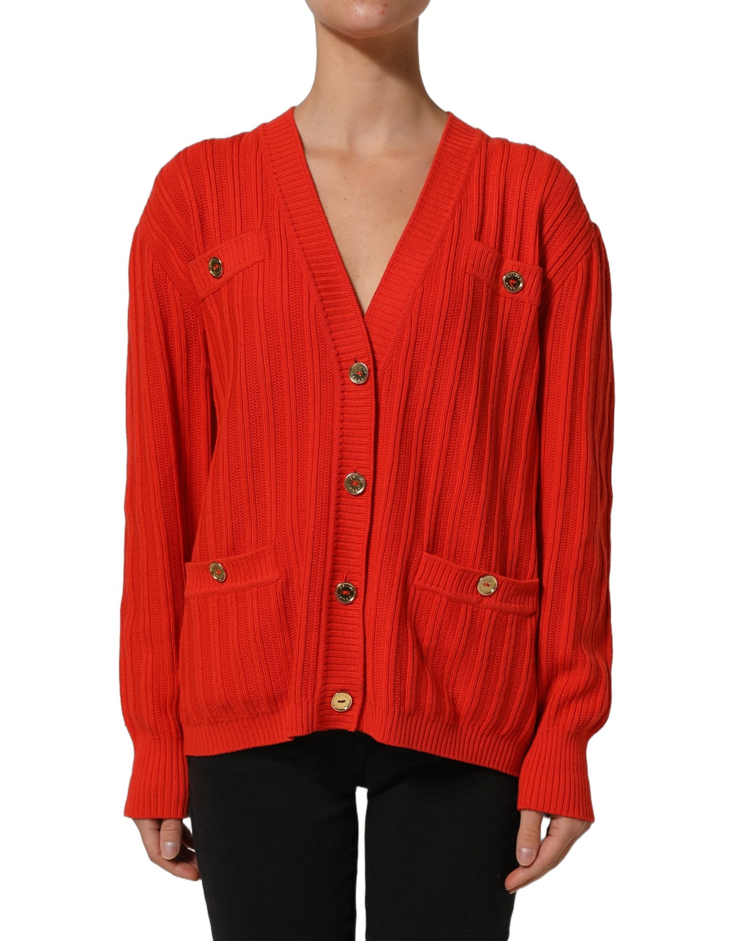 Red Wool Knit ButtonEmbellished Cardigan Sweater
