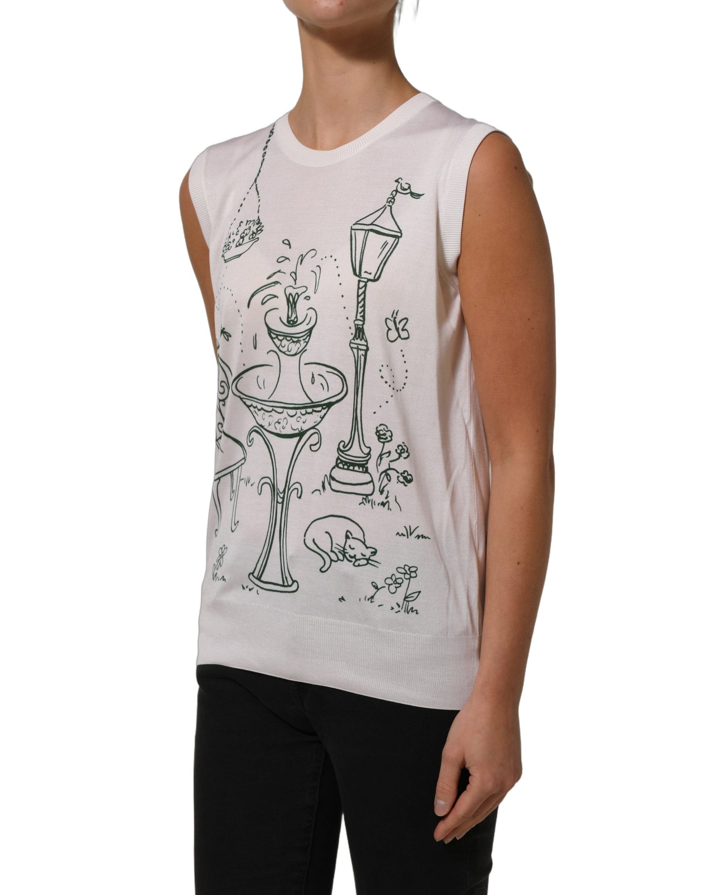 White Silk Knit Garden Fountain Print Tank Top