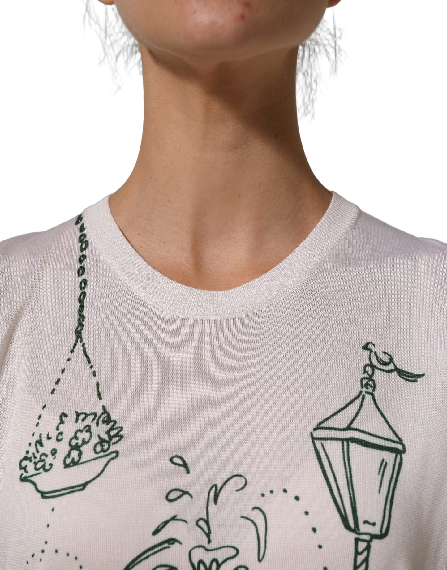 White Silk Knit Garden Fountain Print Tank Top