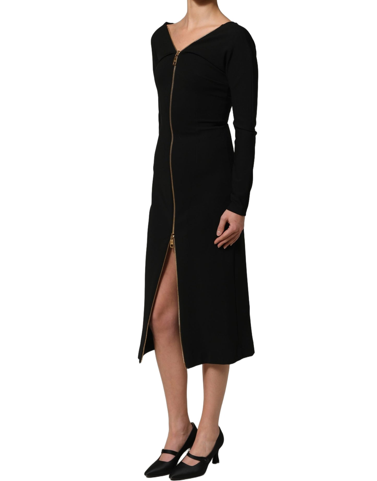Black Long Sleeves Front Zipper Midi Dress