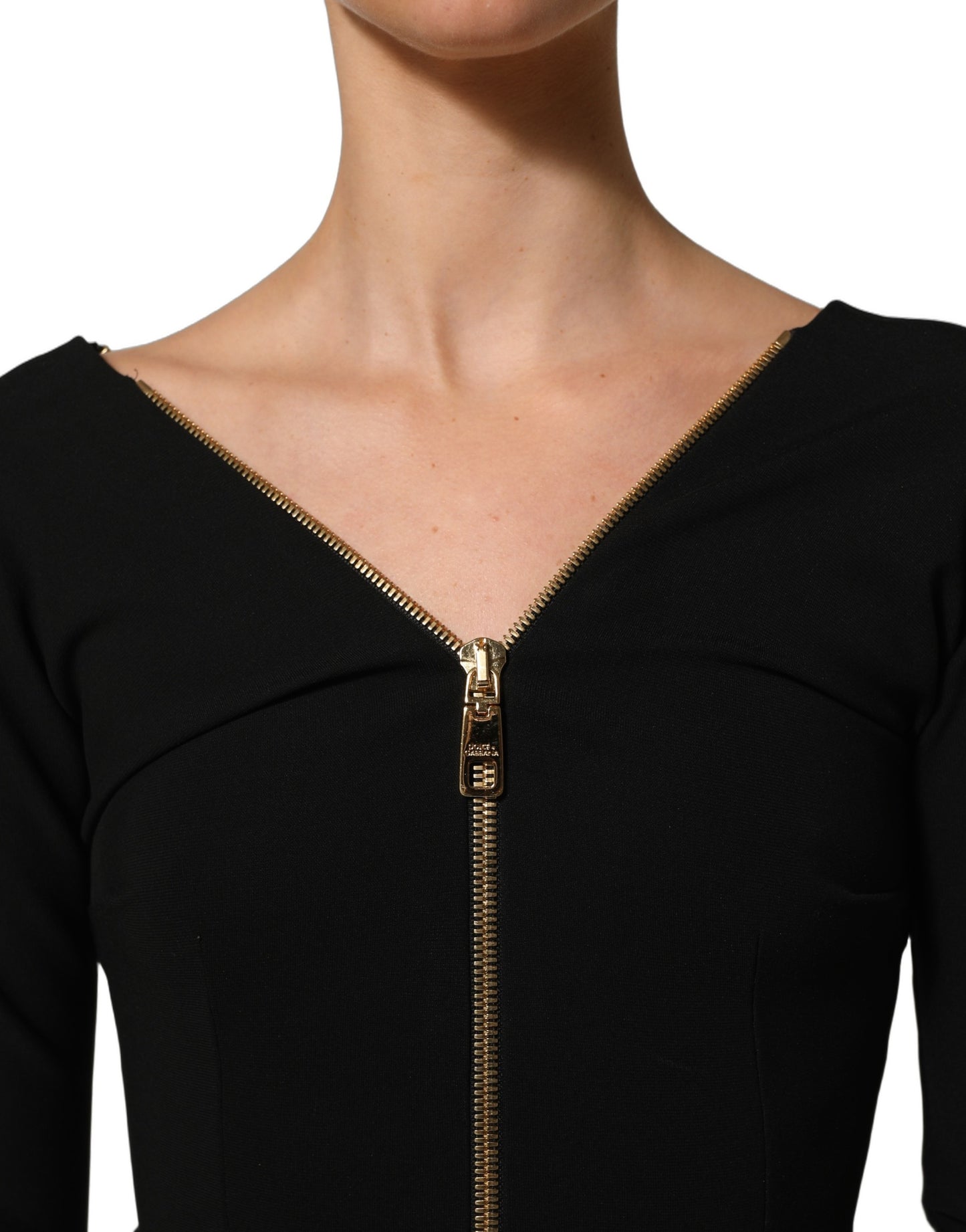 Black Long Sleeves Front Zipper Midi Dress