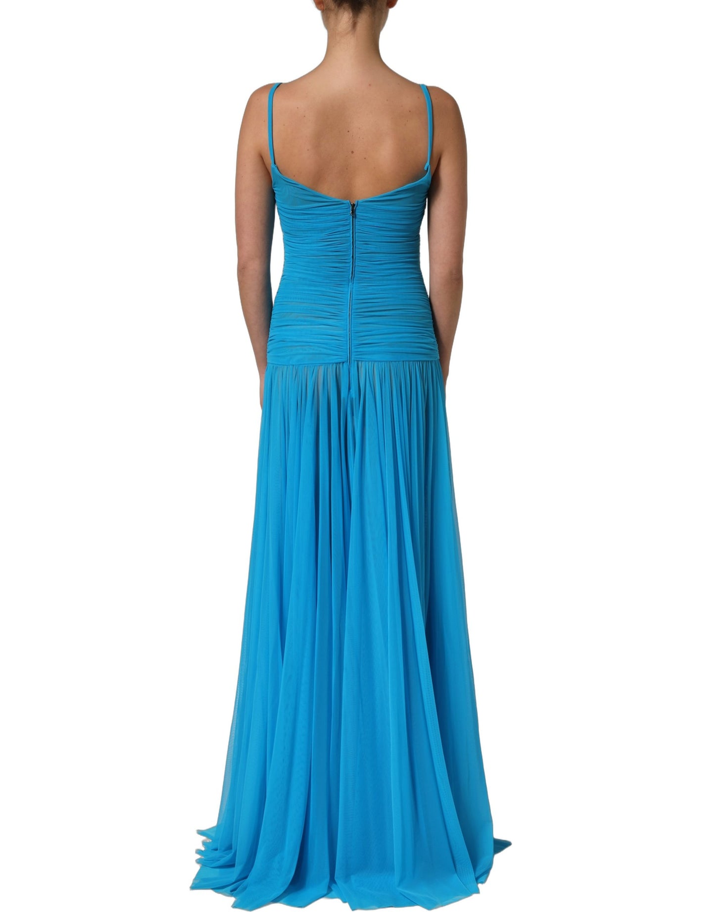 Blue Nylon Pleated Chiffon CutOut Gown Dress