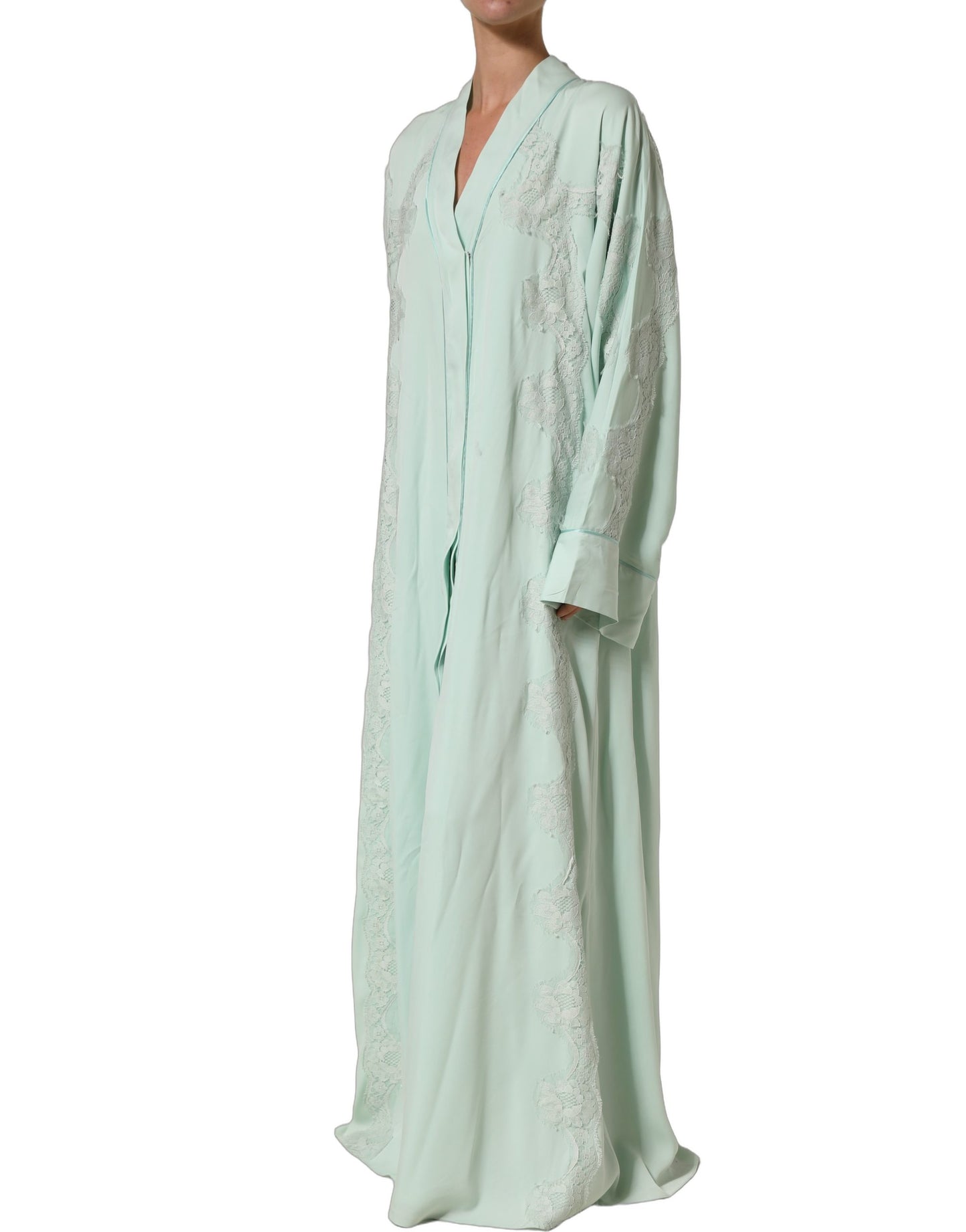 Mint Green Silk Lace Trim Abaya Maxi Dress