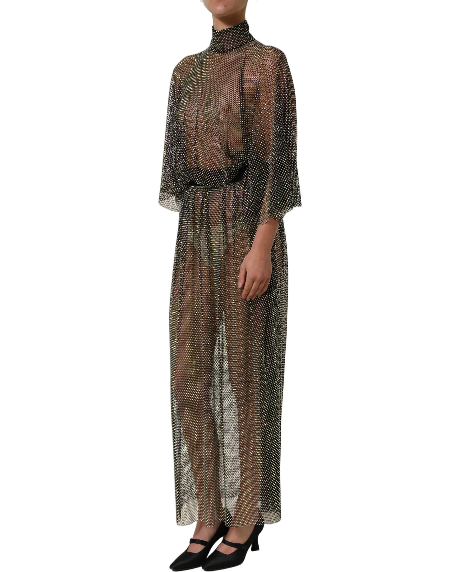 Black Rhinestone Mesh Turtleneck Maxi Dress