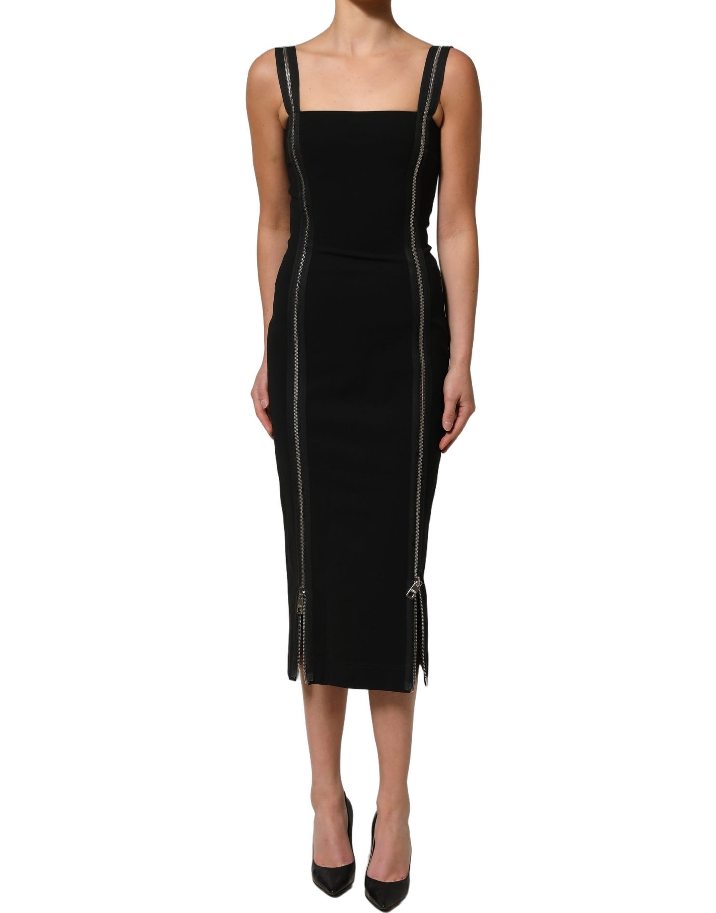 Black Sleeveless Front Zipper Midi Dress
