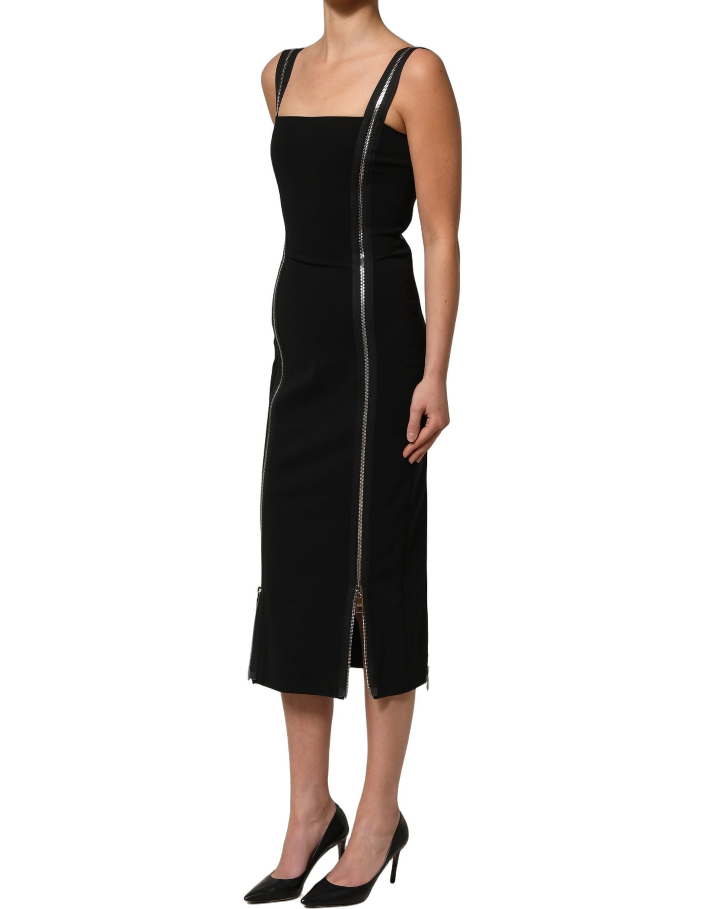 Black Sleeveless Front Zipper Midi Dress