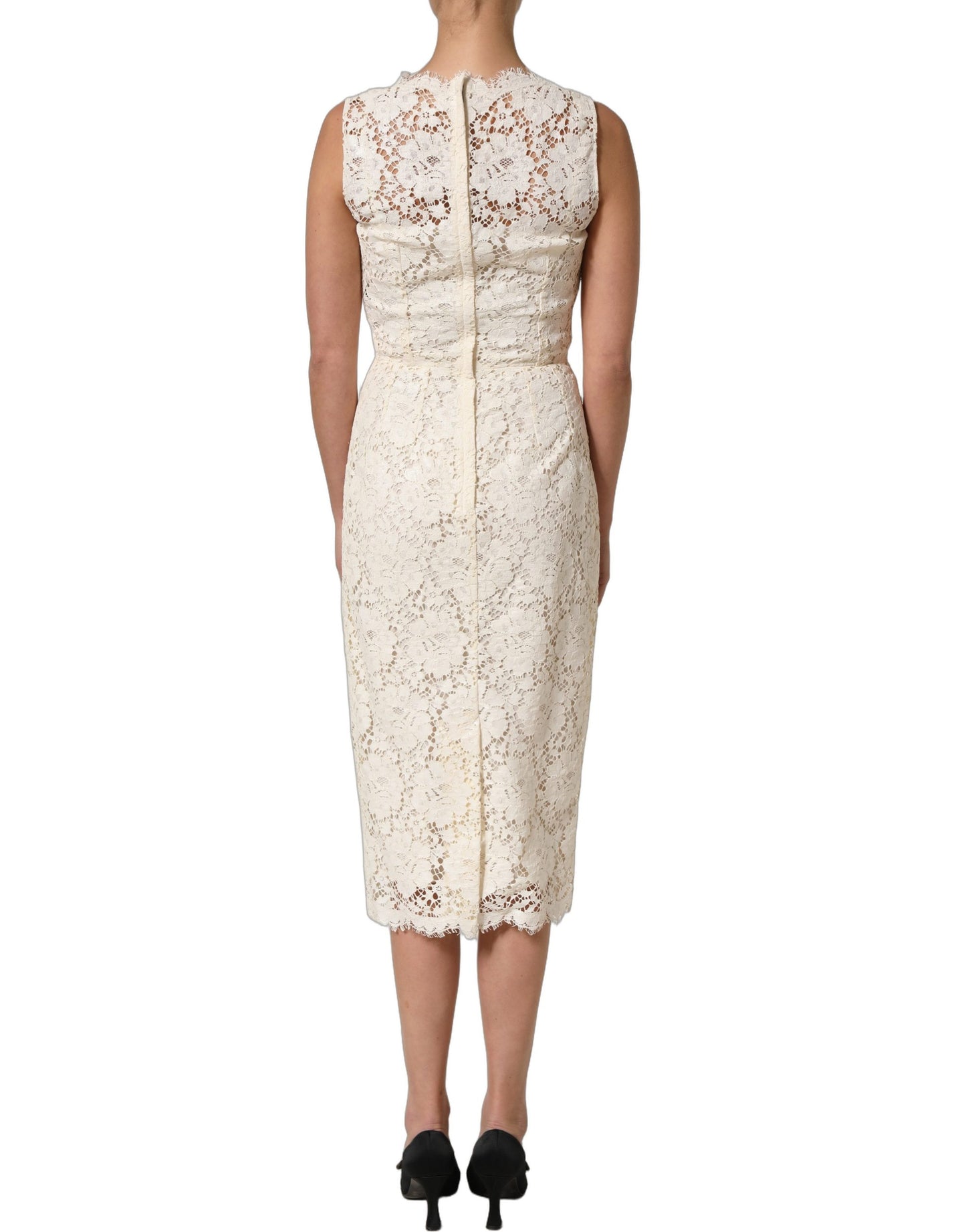 White Cotton Corded Lace Sleeveless Midi Dress