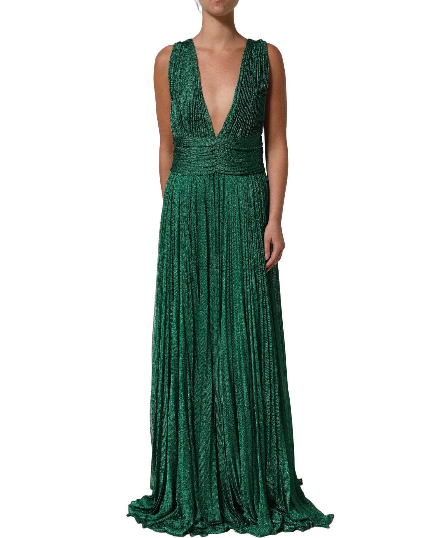 Metallic Green Sleeveless Plissé Gown Dress