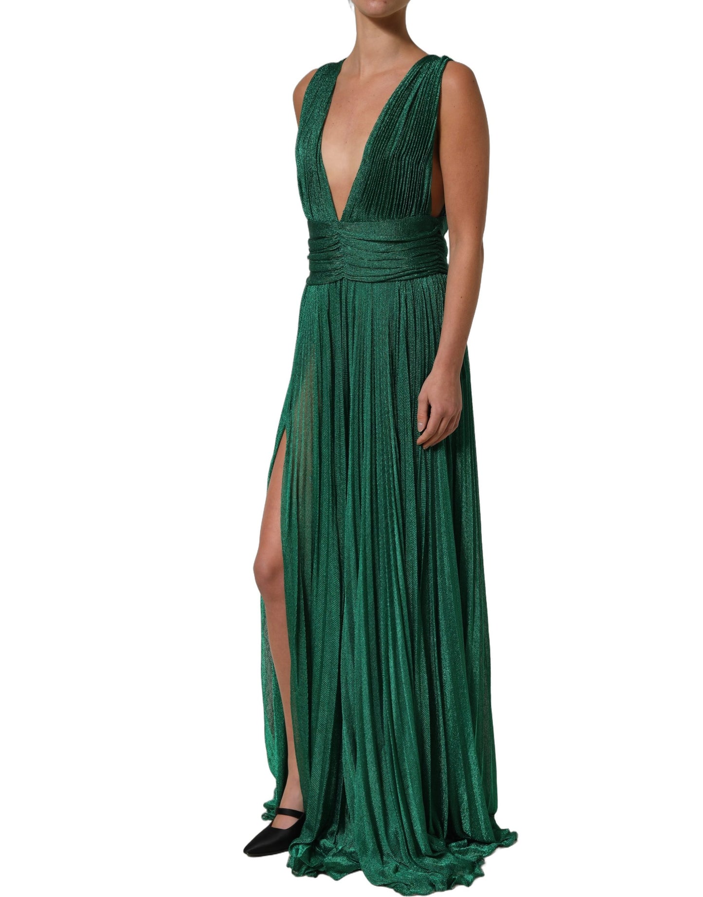 Metallic Green Sleeveless Plissé Gown Dress