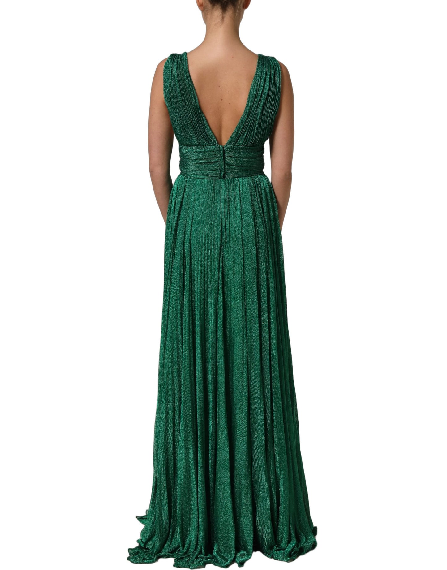 Metallic Green Sleeveless Plissé Gown Dress