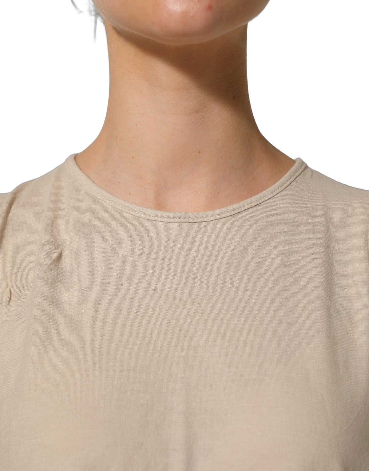 Beige Cotton Lace Detailing Round Neck Top