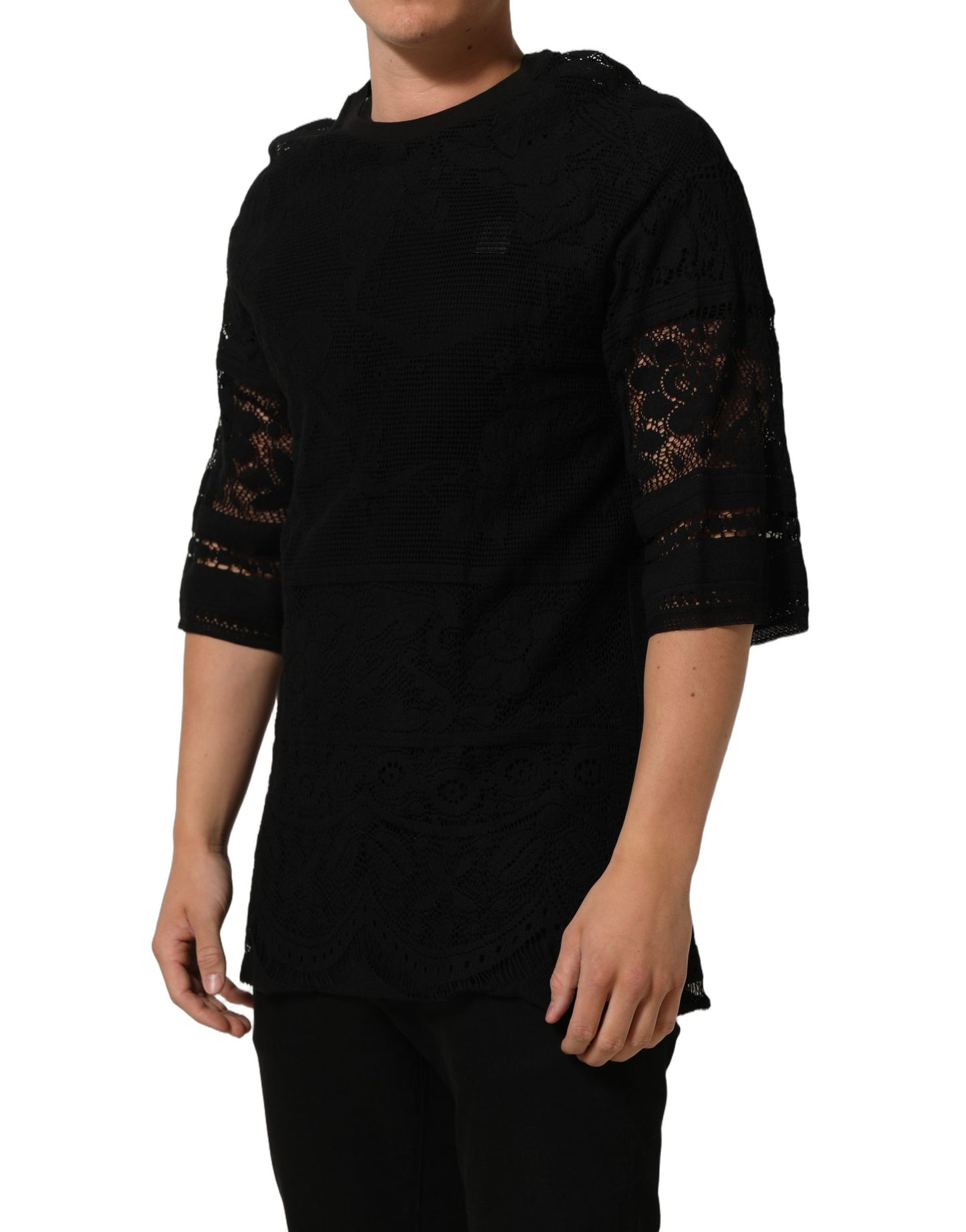 Black Cotton Floral Lace Crew Neck T-shirt
