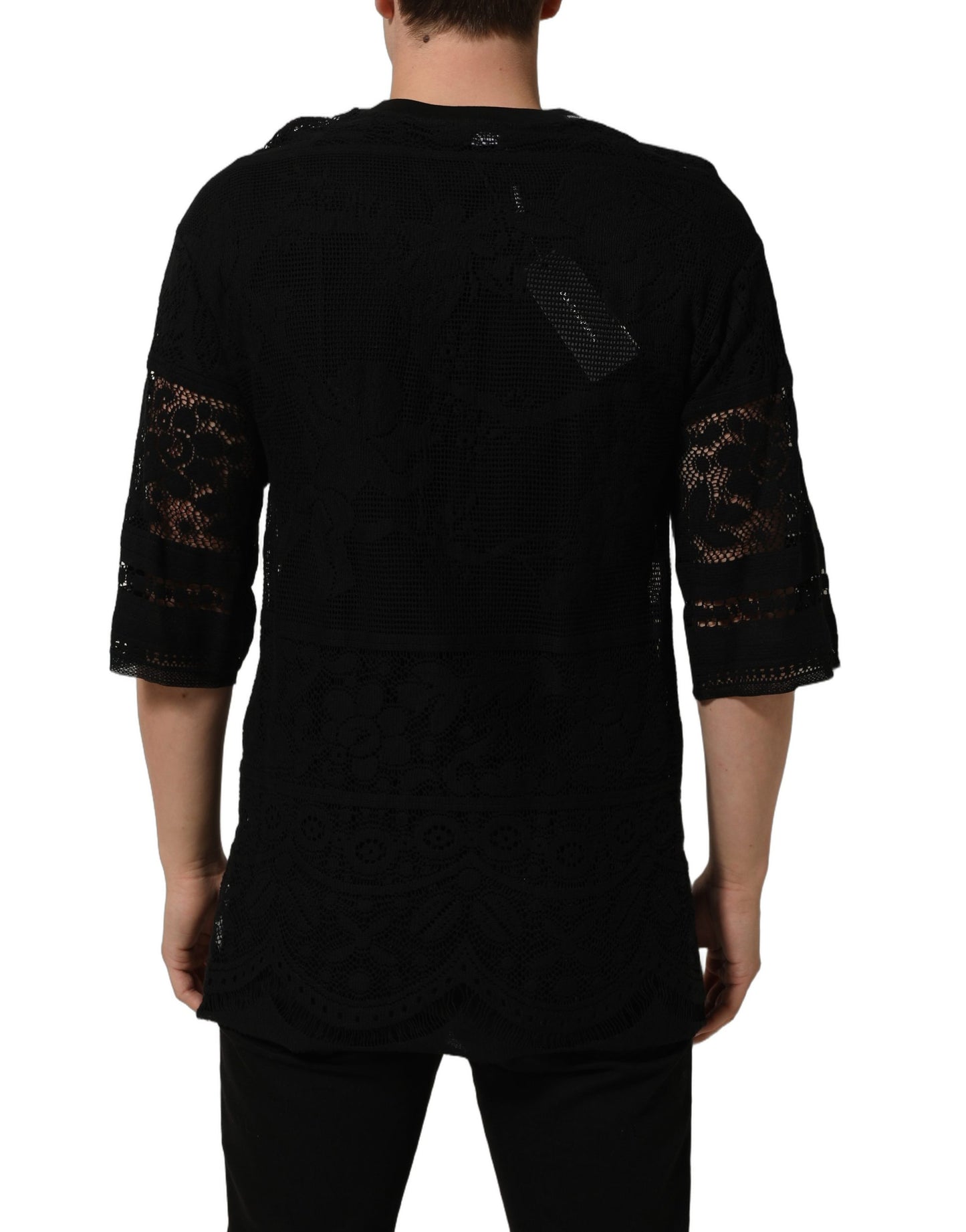 Black Cotton Floral Lace Crew Neck T-shirt