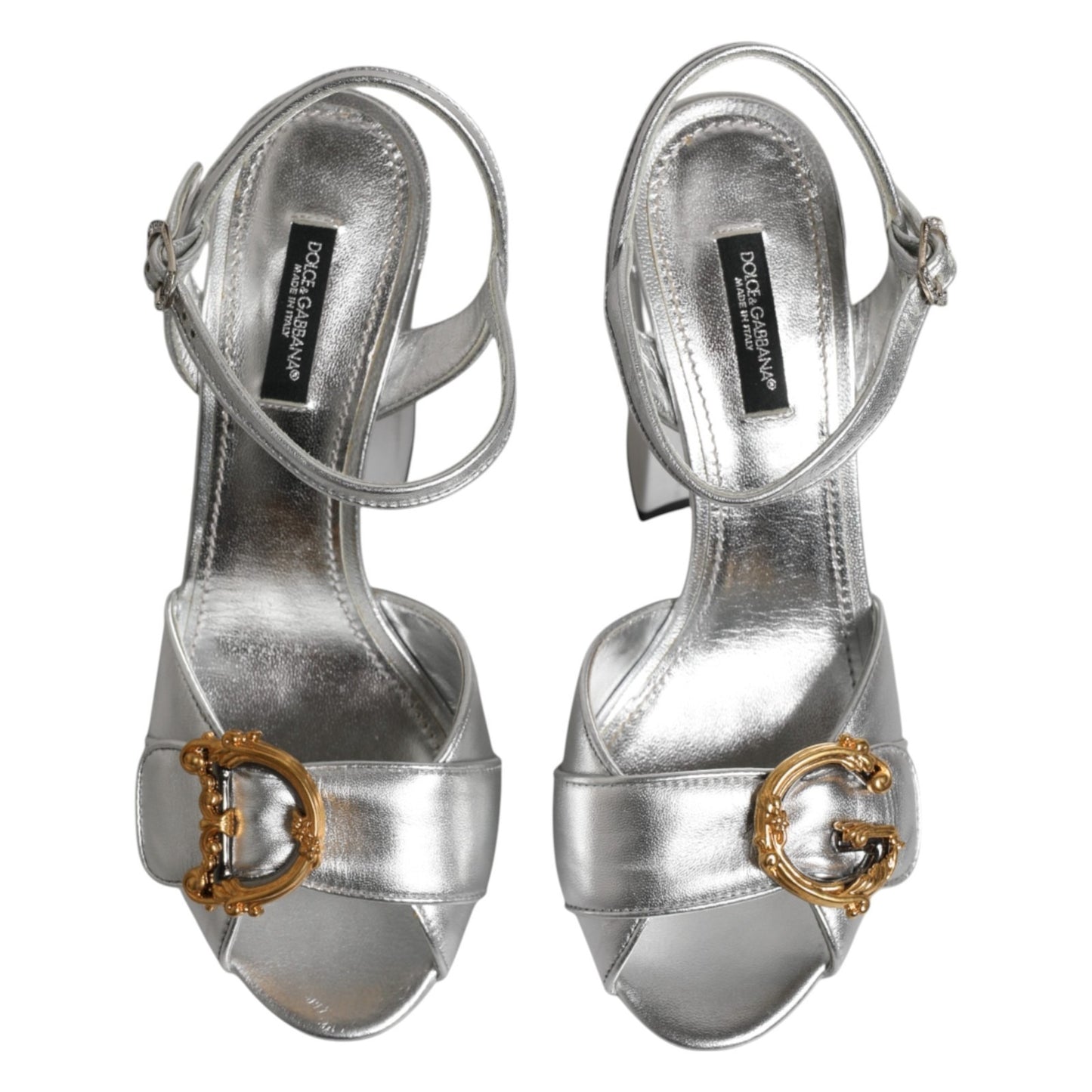 Silver Logo Ankle Strap Heels Sandals Shoes