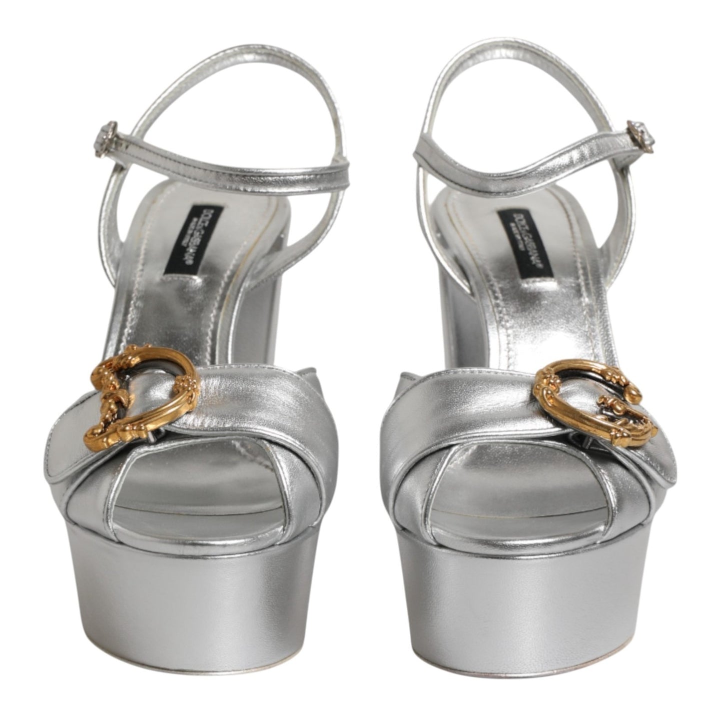 Silver Logo Ankle Strap Heels Sandals Shoes