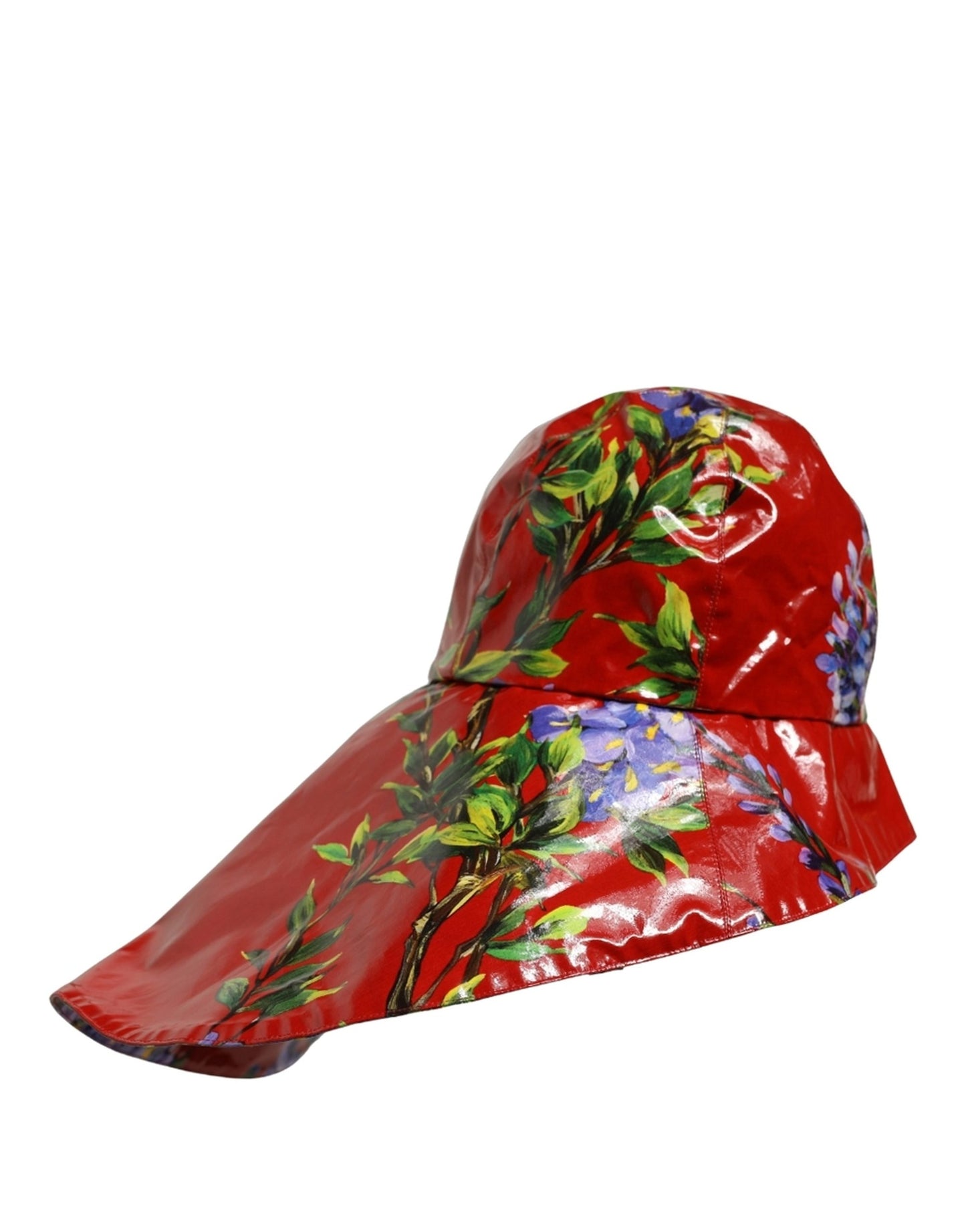 Glossy Red Floral Wide Brim Bucket Capello Hat