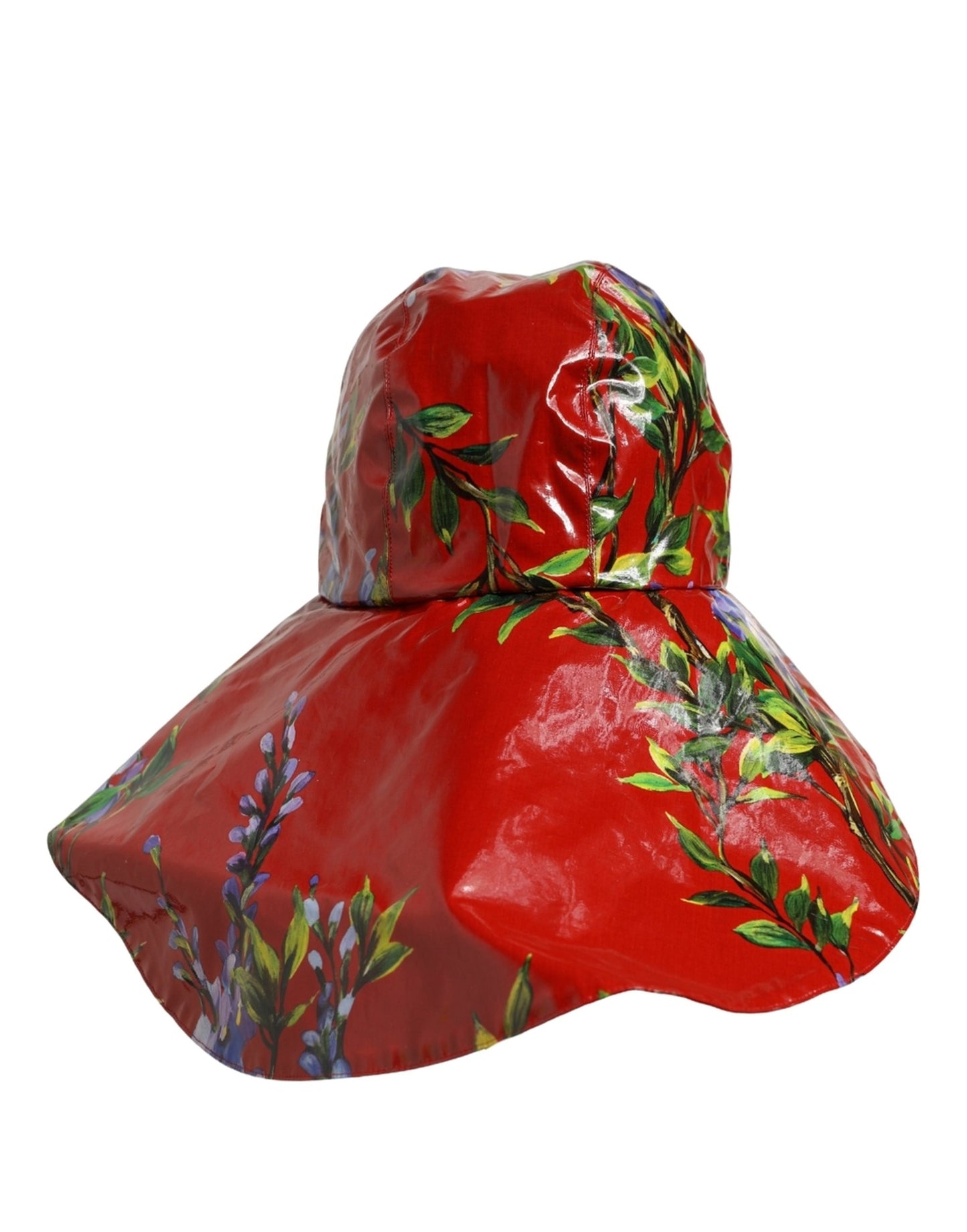 Glossy Red Floral Wide Brim Bucket Capello Hat