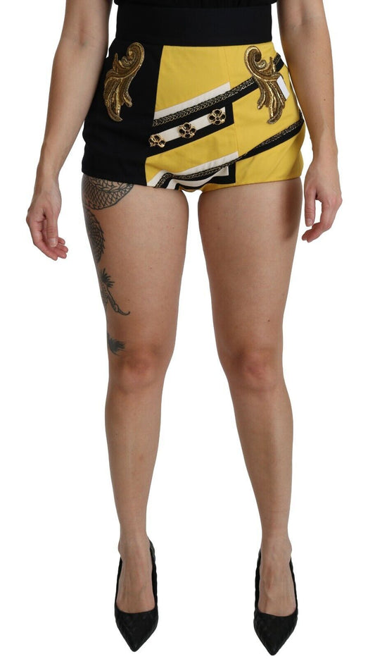 Yellow Black Cotton Jewelled Hot Pants Shorts
