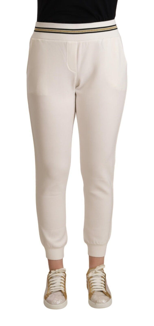 White Polyester Mid Waist Jogger Pants
